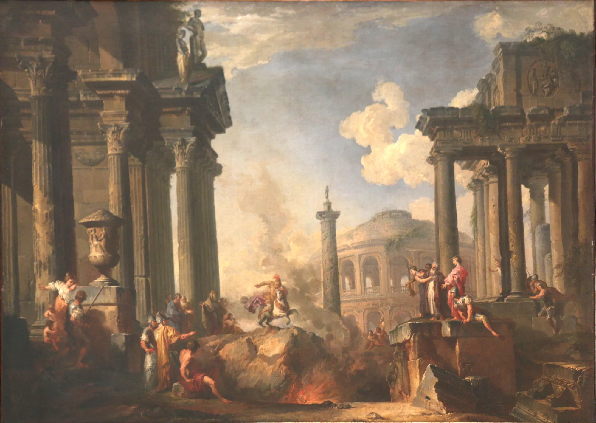 Marcus Curtius Leaping into the Chasm Marcus Curtius Leaping into the Chasm by Giovanni Paolo Panini. A Roman soldier on a rearing horse leaps into a fiery opening in the ground, framed by grand classical ruins and a crowd of onlookers.