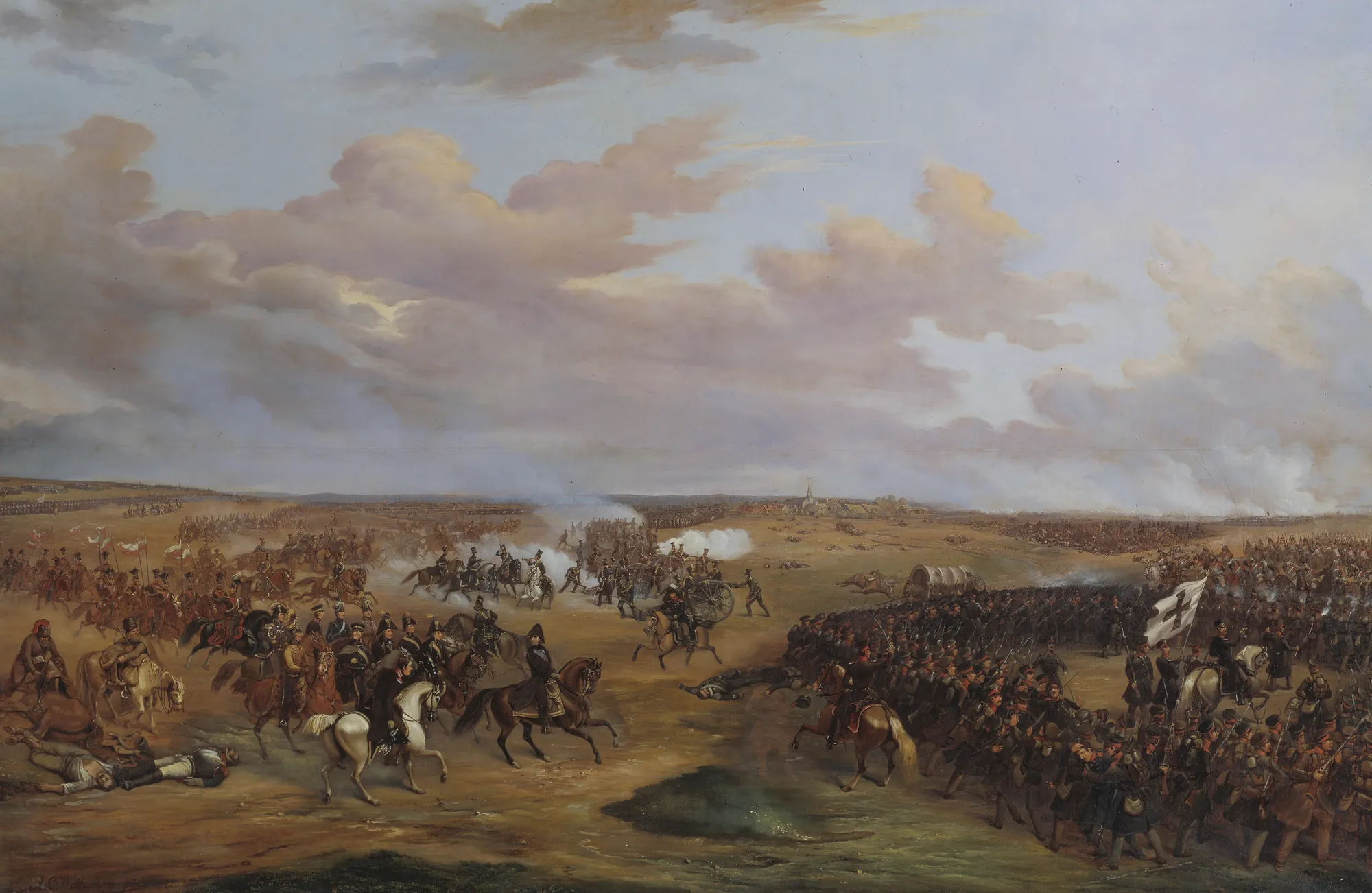 The Battle of Dennewitz The Battle of Dennewitz by Alexander Wetterling. A sweeping panoramic painting depicting a large-scale 19th-century battle with cavalry charges and infantry maneuvers under a vast, cloud-filled sky.