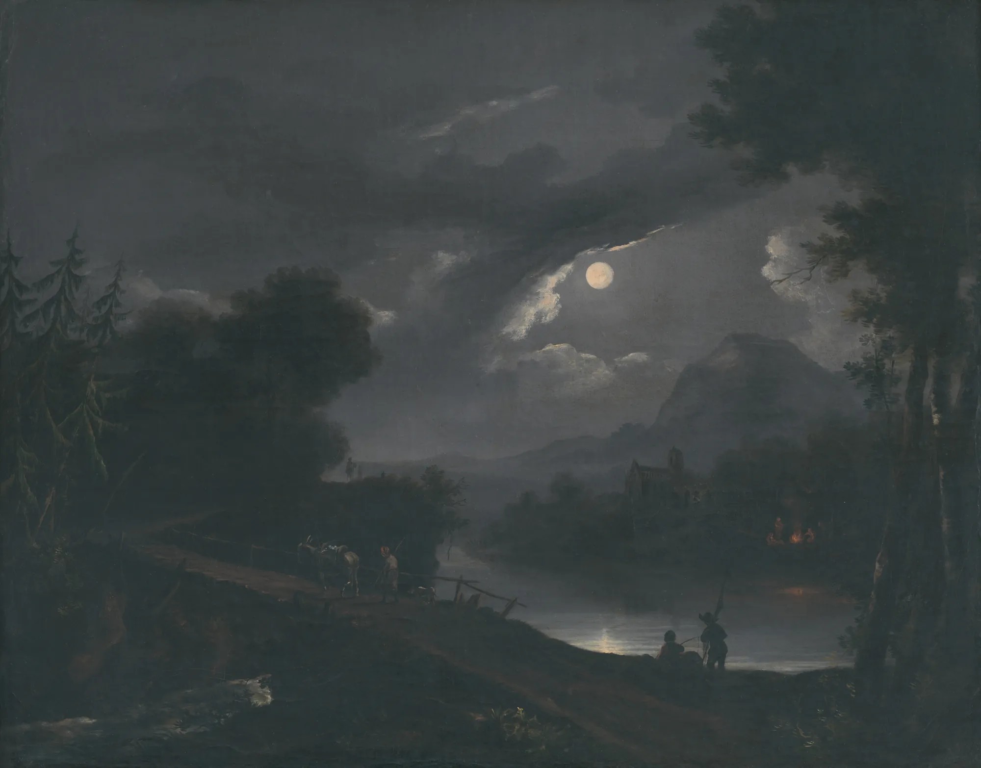Night (Noc) Night (Noc) by Remigius Adrianus Haanen. A moonlit landscape at night featuring a full moon breaking through heavy clouds above a winding river and distant mountains.