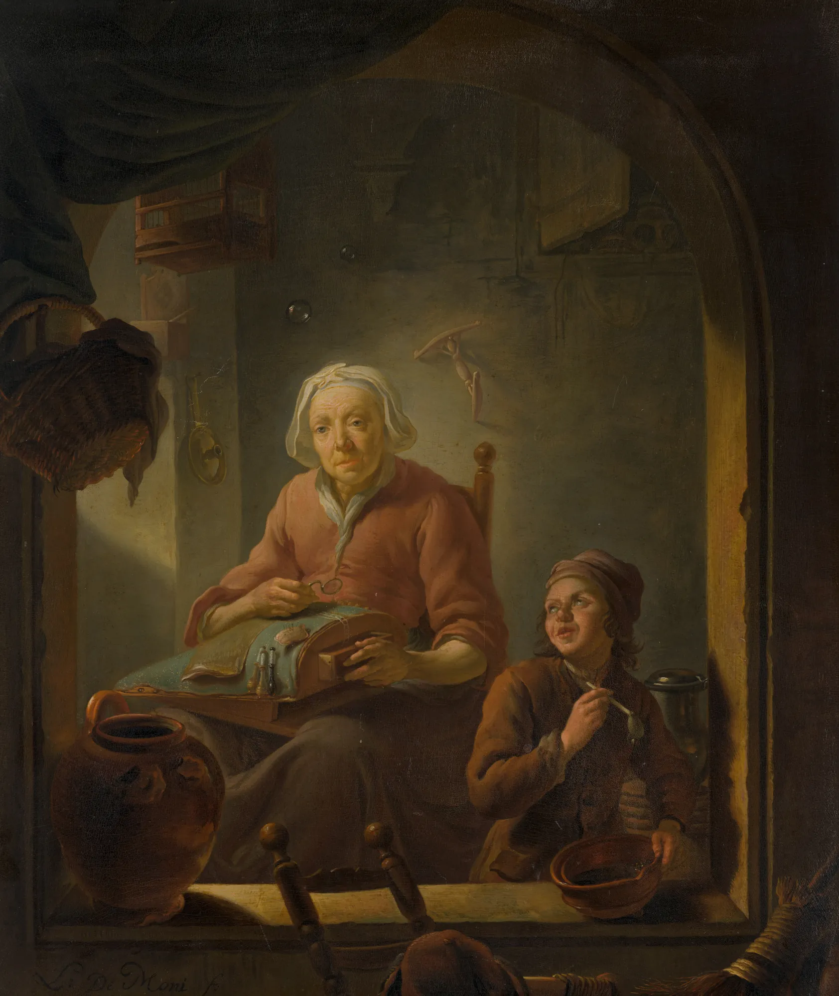 A Lacemaker with a Boy Blowing Bubbles