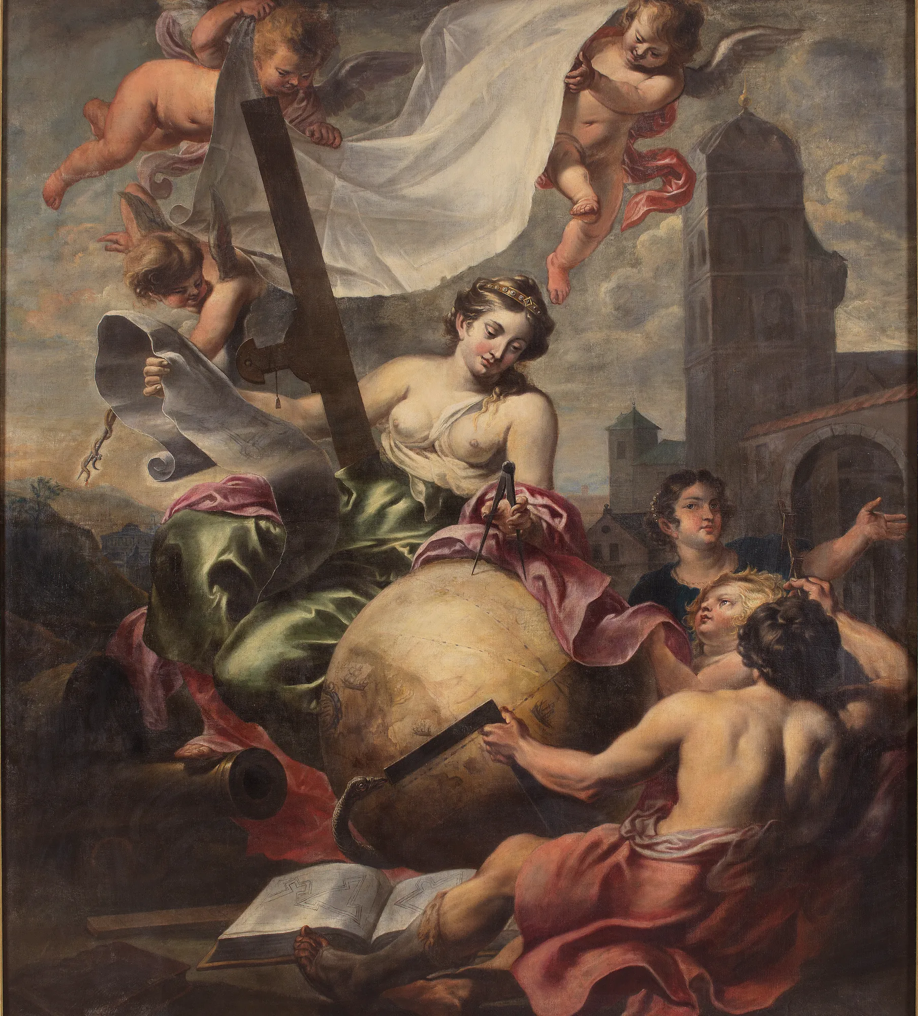 Geometria Geometria by Cornelis Schut. An allegorical female figure representing Geometry holds a compass over a celestial globe, accompanied by figures with a square and scrolls beneath hovering putti.