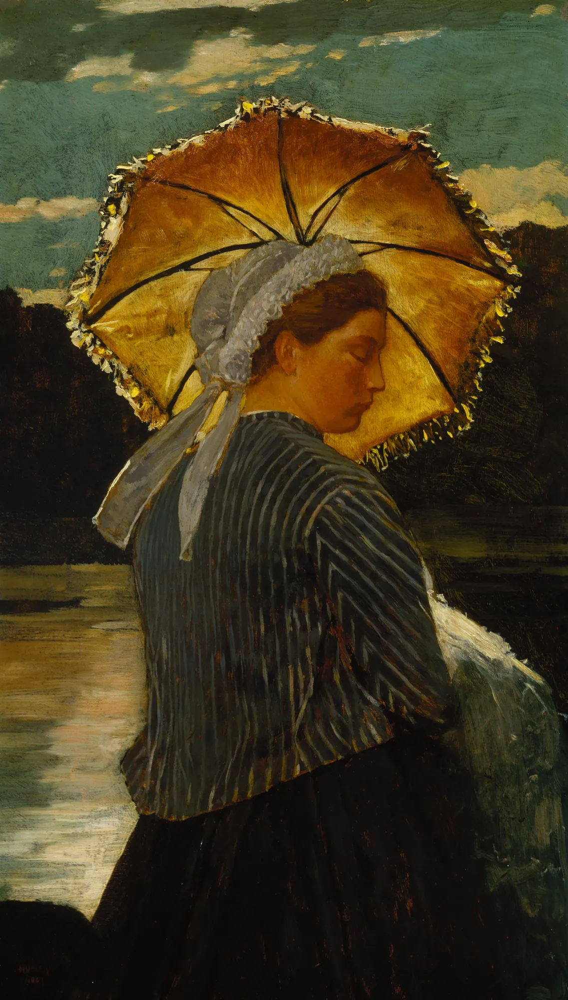 The Nurse The Nurse by Winslow Homer. A woman in profile, wearing a striped bodice and white cap, stands holding a large golden parasol against a dusky landscape and water.