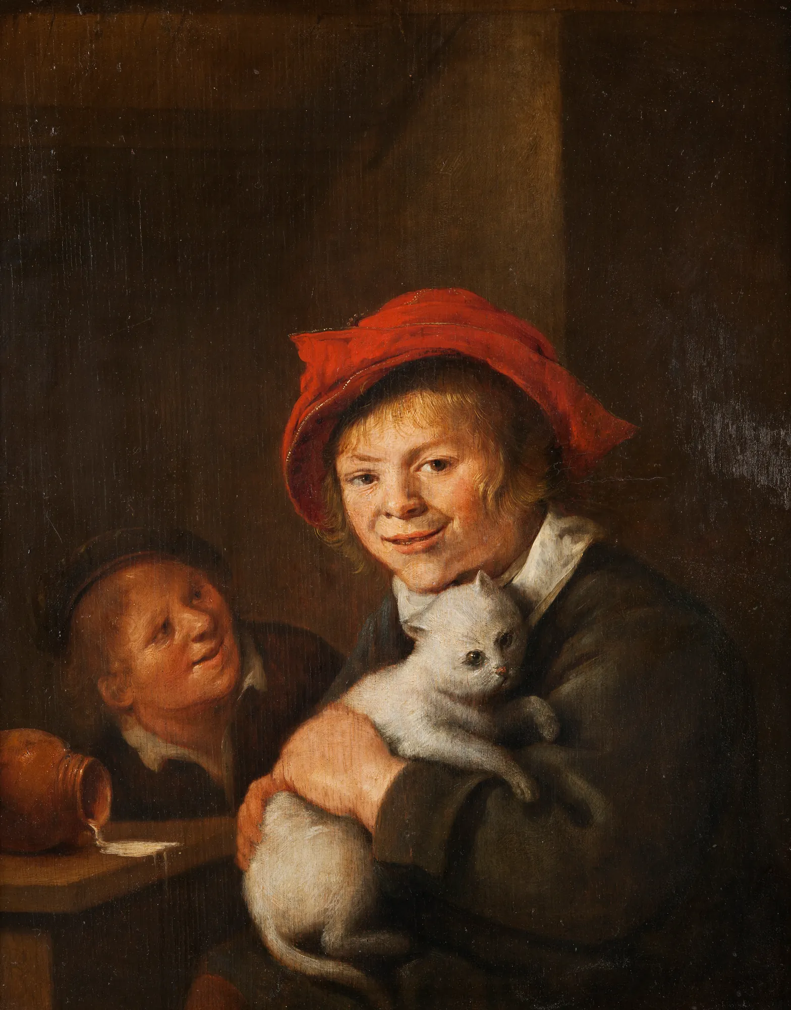 Two Boys Playing with a Cat