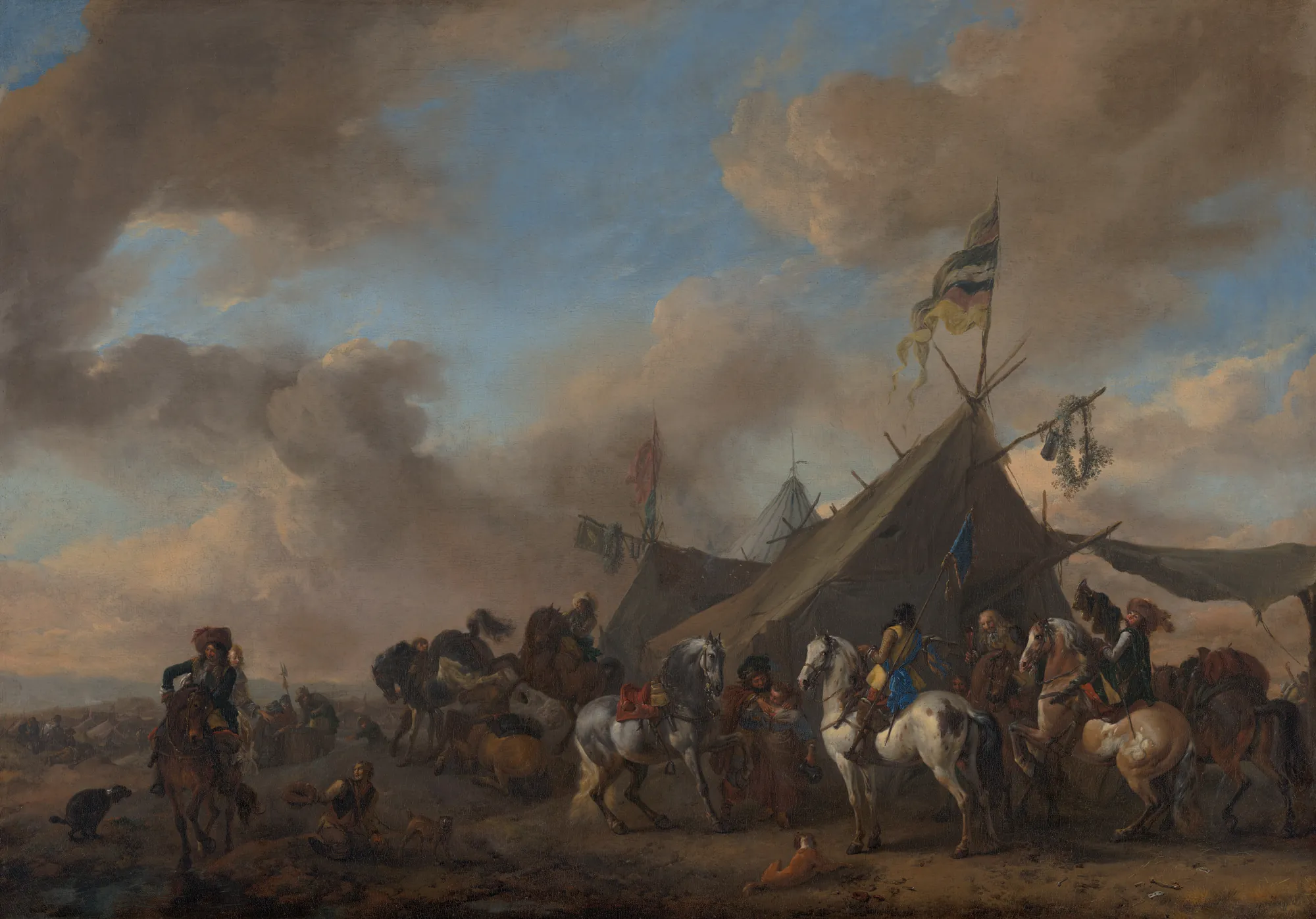 Army Camp Army Camp by Philips Wouwerman. A gathering of soldiers and several finely detailed horses outside a large tent under an expansive, cloudy sky.