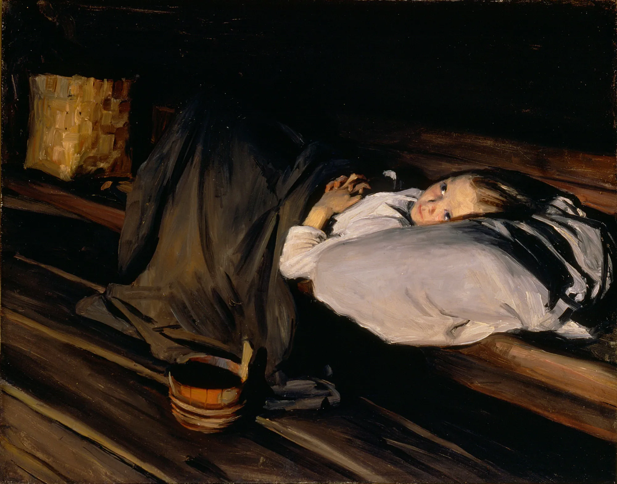 Orphan Orphan by Albert Gebhard. A young child lies curled on a dark wooden floor or bench, illuminated by a soft, directional light that highlights their face and clothing.
