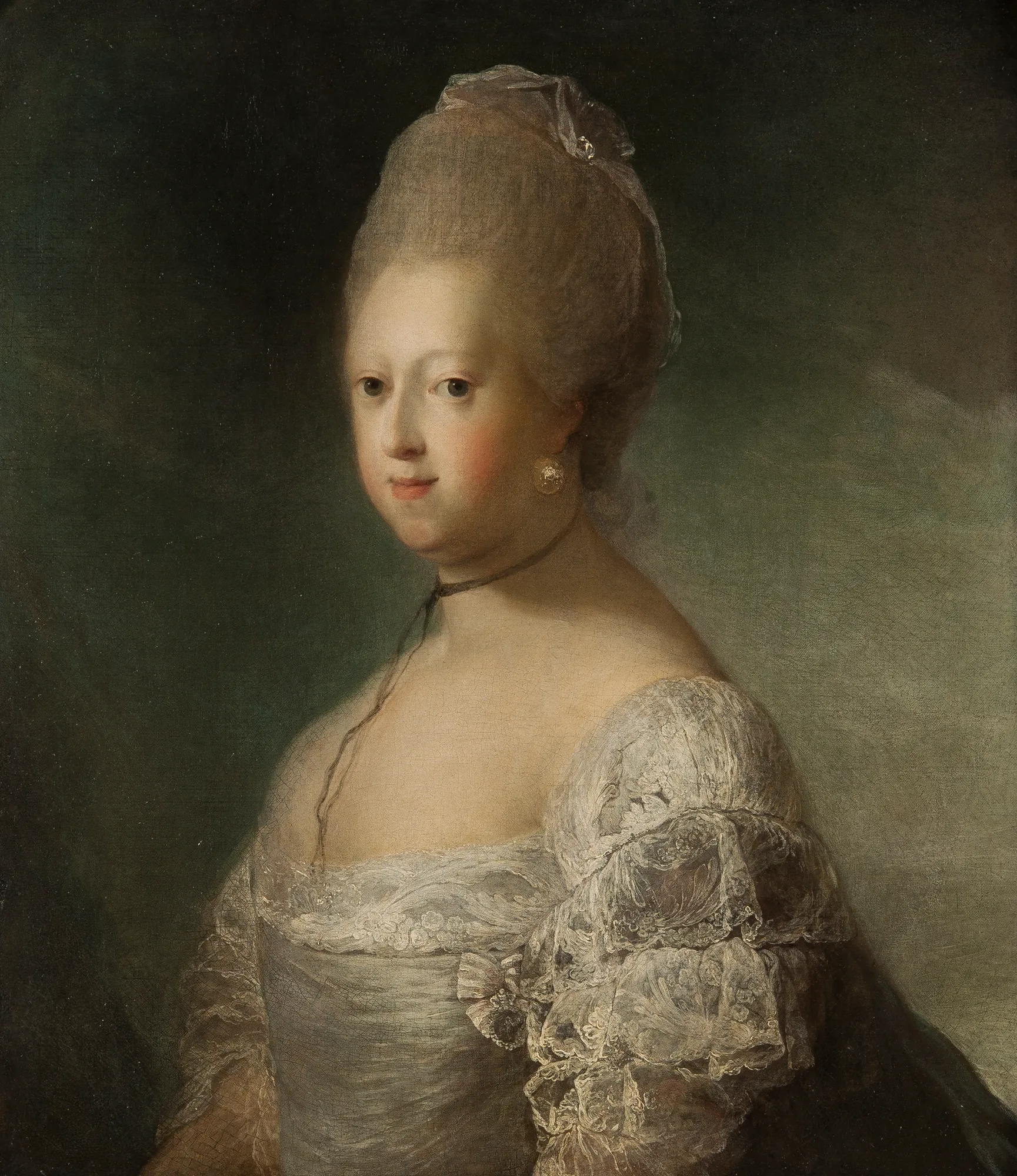Caroline Mathilde, Queen of Denmark Caroline Mathilde, Queen of Denmark by Carl Gustaf Pilo. A portrait of Queen Caroline Mathilde of Denmark depicted from the waist up in an elegant lace gown against a dark, atmospheric background.