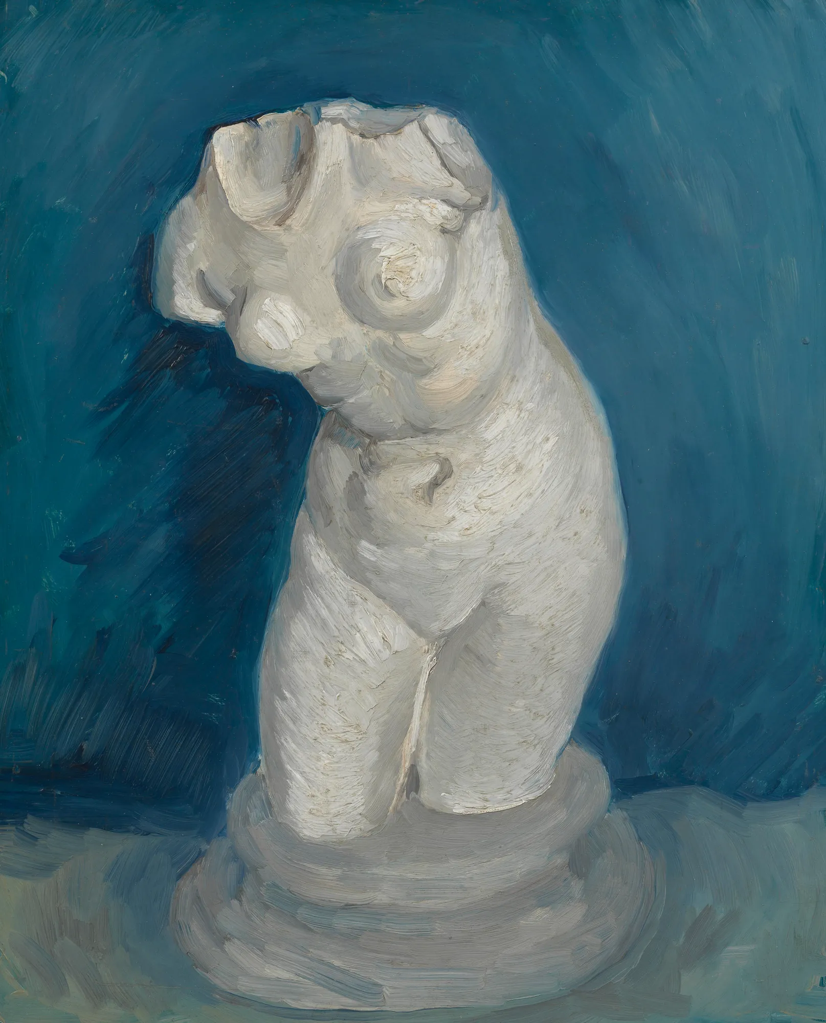 Torso of Venus Torso of Venus by Vincent van Gogh. An oil painting of a white plaster female torso set against a textured, vibrant blue background.