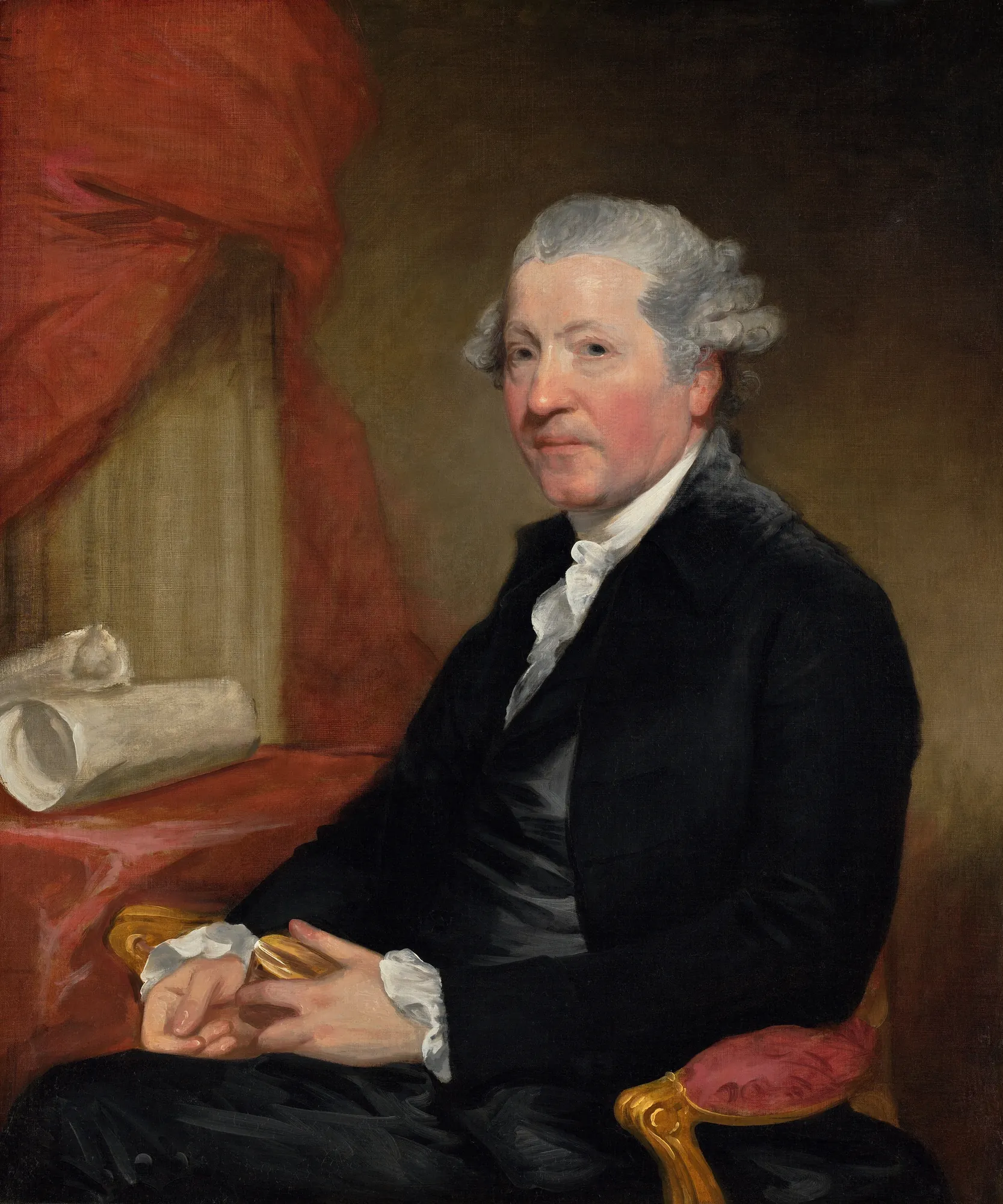 Sir Joshua Reynolds Sir Joshua Reynolds by Gilbert Stuart. A half-length portrait of a man with powdered hair, wearing a black coat and white cravat, seated in a chair before red drapery.