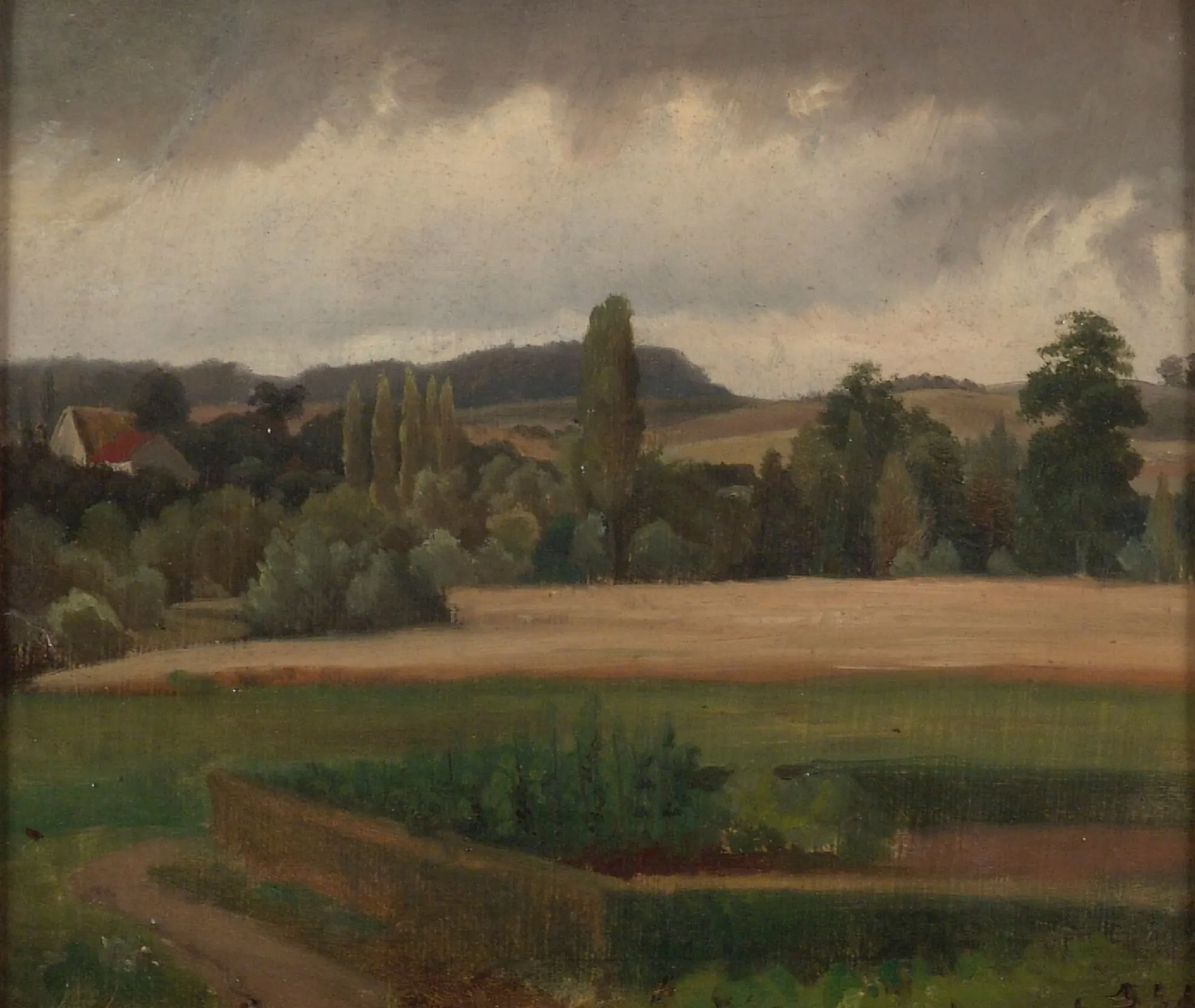 Landscape from Grafenberg Landscape from Grafenberg by Werner Holmberg. A rural landscape painting featuring green fields and clusters of trees under a dramatic, overcast sky.