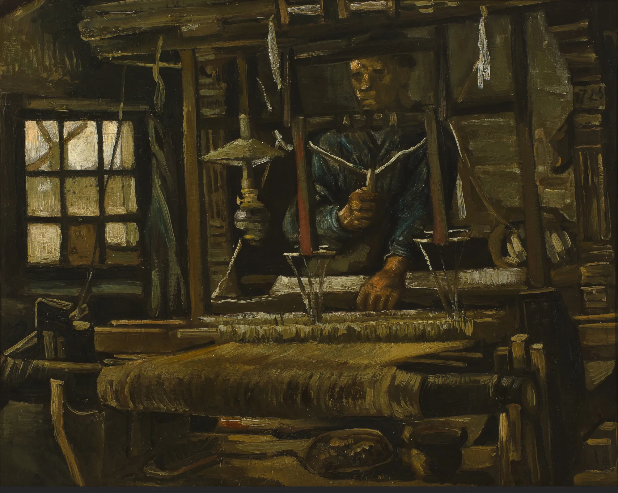 A Weaver's Cottage A Weaver's Cottage by Vincent van Gogh. A man operates a large wooden weaving loom inside a dark cottage, with light entering through a small window on the left.