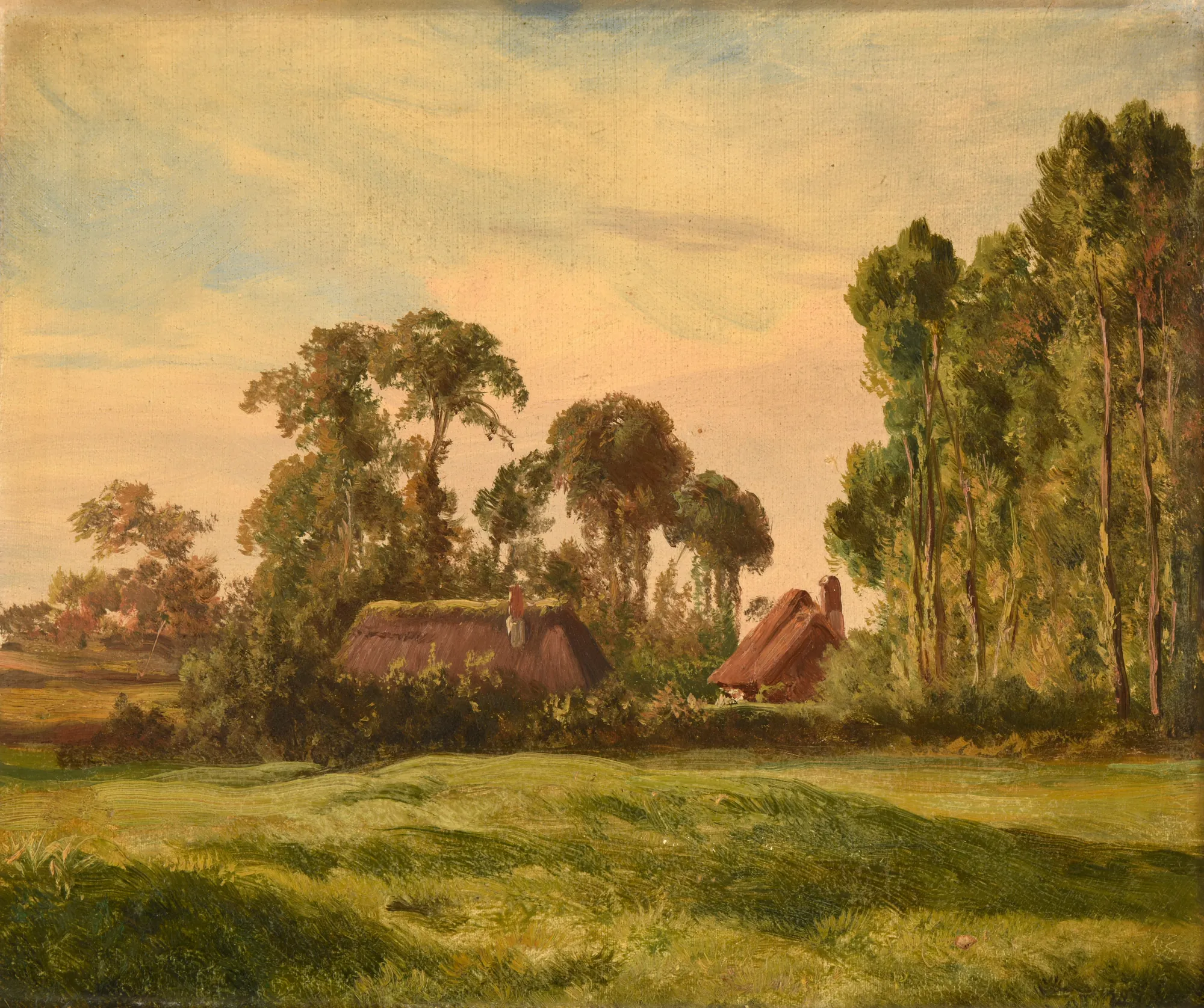 Paysage avec vue de ferme à travers les arbres