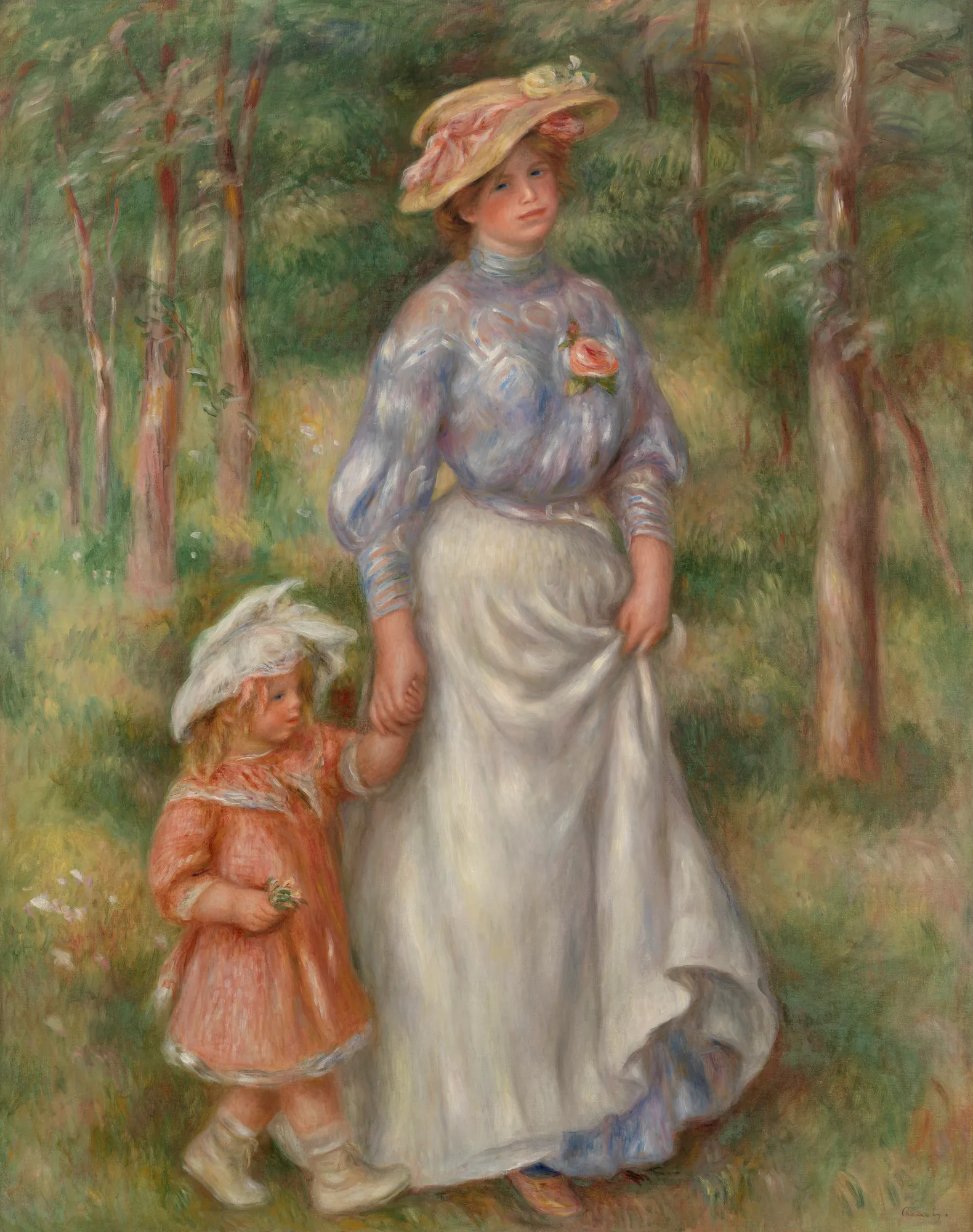 La Promenade La Promenade by Pierre-Auguste Renoir. An Impressionist oil painting of a woman in a floral hat and light blue blouse walking hand-in-hand with a small child in a peach-colored dress through a sunlit forest.