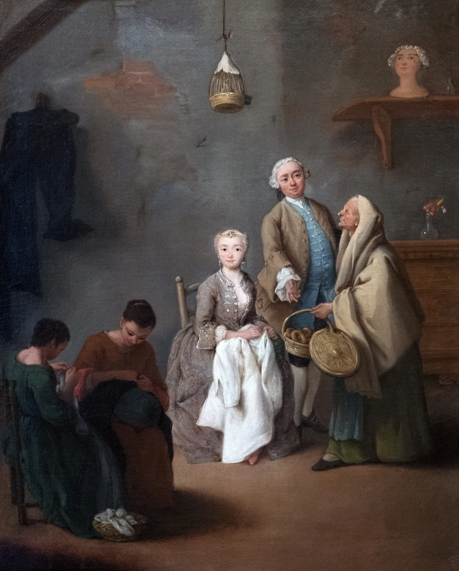 The School of Work The School of Work by Pietro Longhi. An 18th-century interior showing women engaged in needlework, attended by a well-dressed man and an older woman holding a basket of bread.