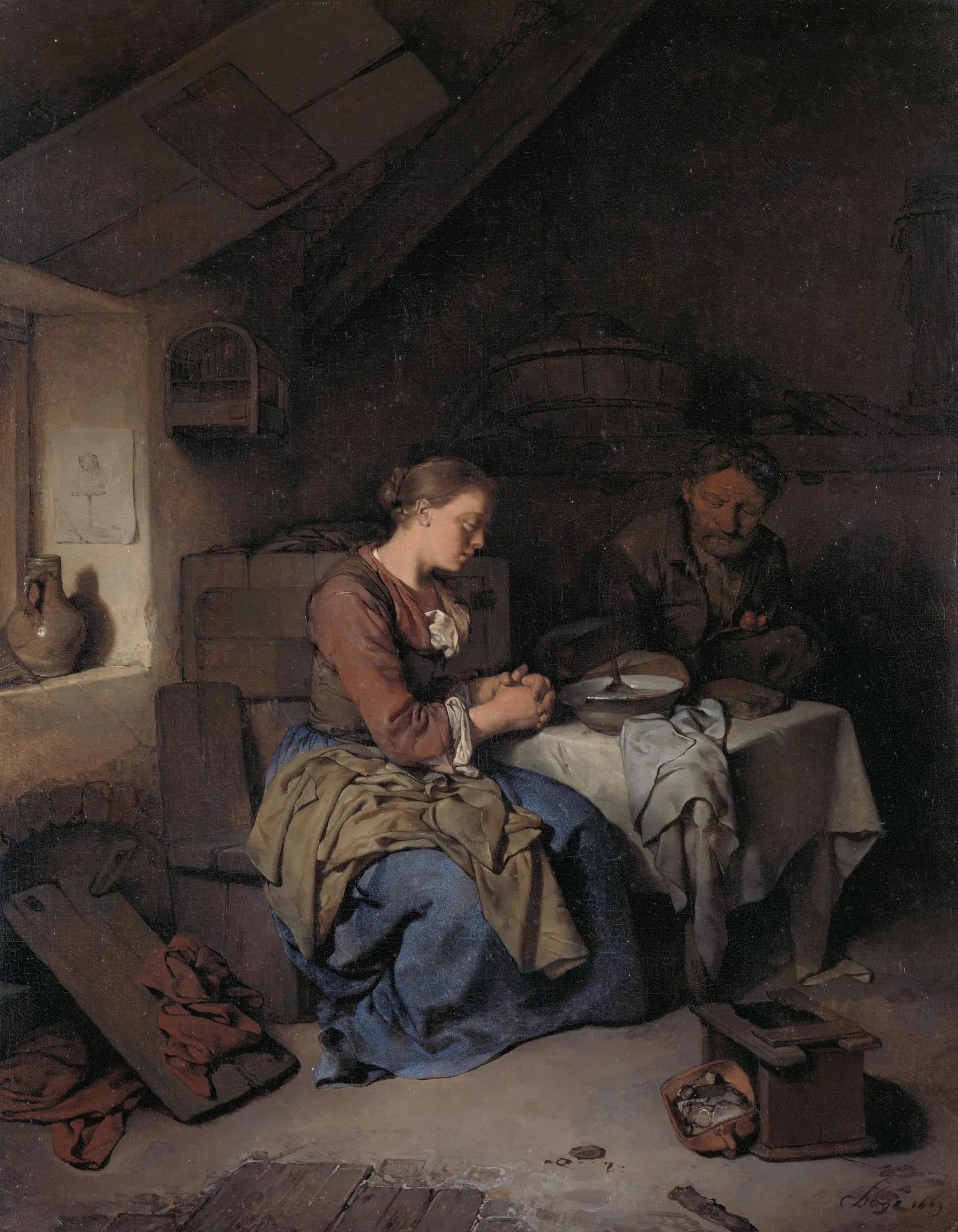 Saying Grace Saying Grace by Cornelis Pietersz Bega. In a dimly lit 17th-century interior, a woman and a man are seated at a small table with their heads bowed in prayer over a humble meal.