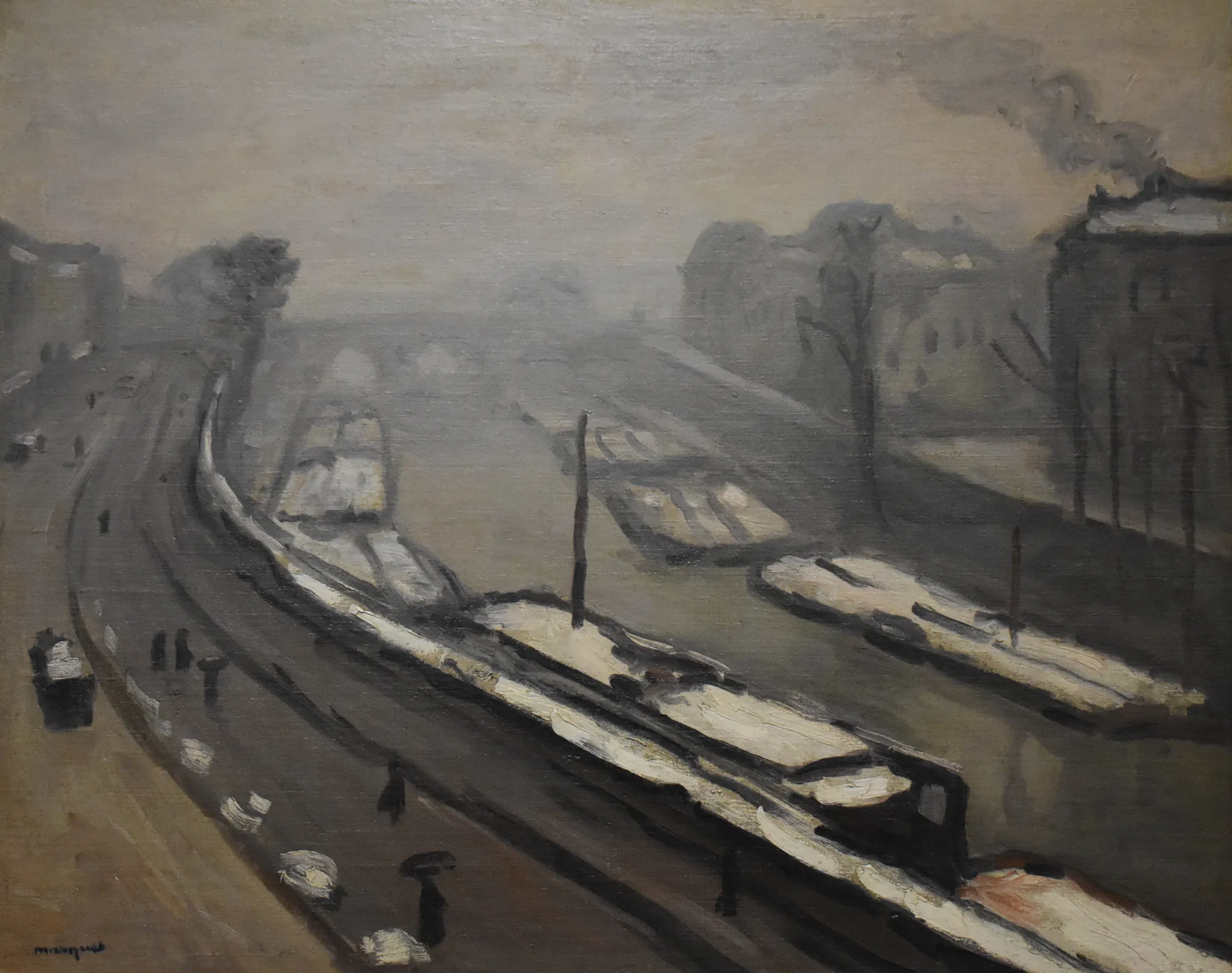 Quai des Grands-Augustins Quai des Grands-Augustins by Albert Marquet. An atmospheric view of the Seine River in Paris under a heavy, misty sky with barges docked along the quay.