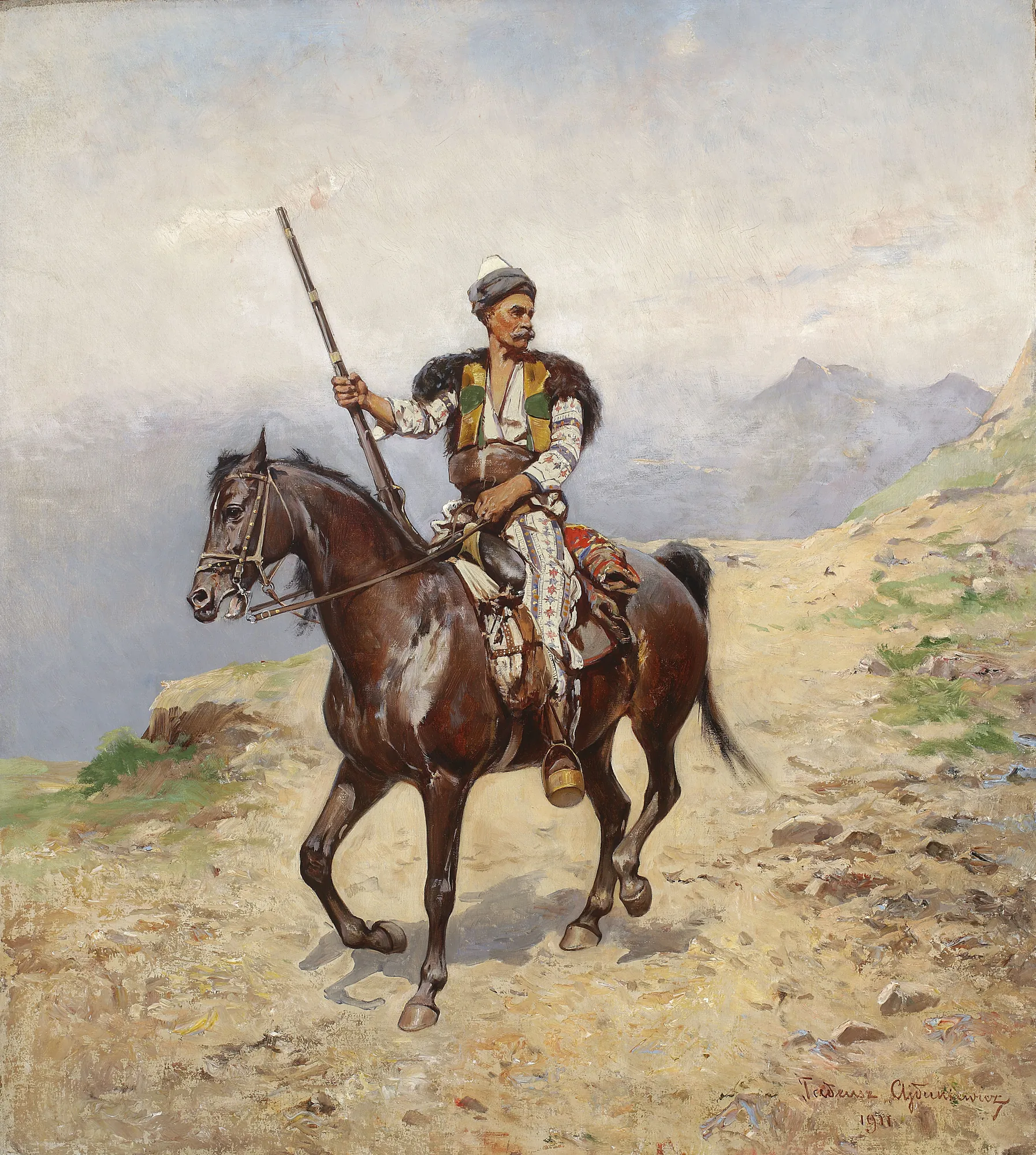 Eastern Horseman Eastern Horseman by Tadeusz Ajdukiewicz. A horseman in traditional Eastern attire sits poised on a dark brown horse against a vast, hazy mountain range.