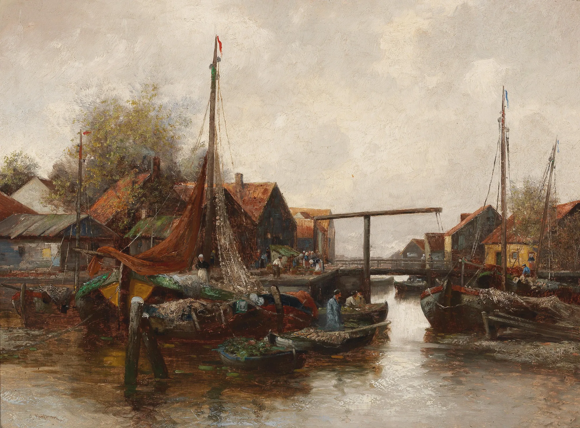 In the Harbour In the Harbour by Adolf Kaufmann. A detailed harbor scene featuring several fishing boats moored near timbered buildings under a soft, overcast sky.