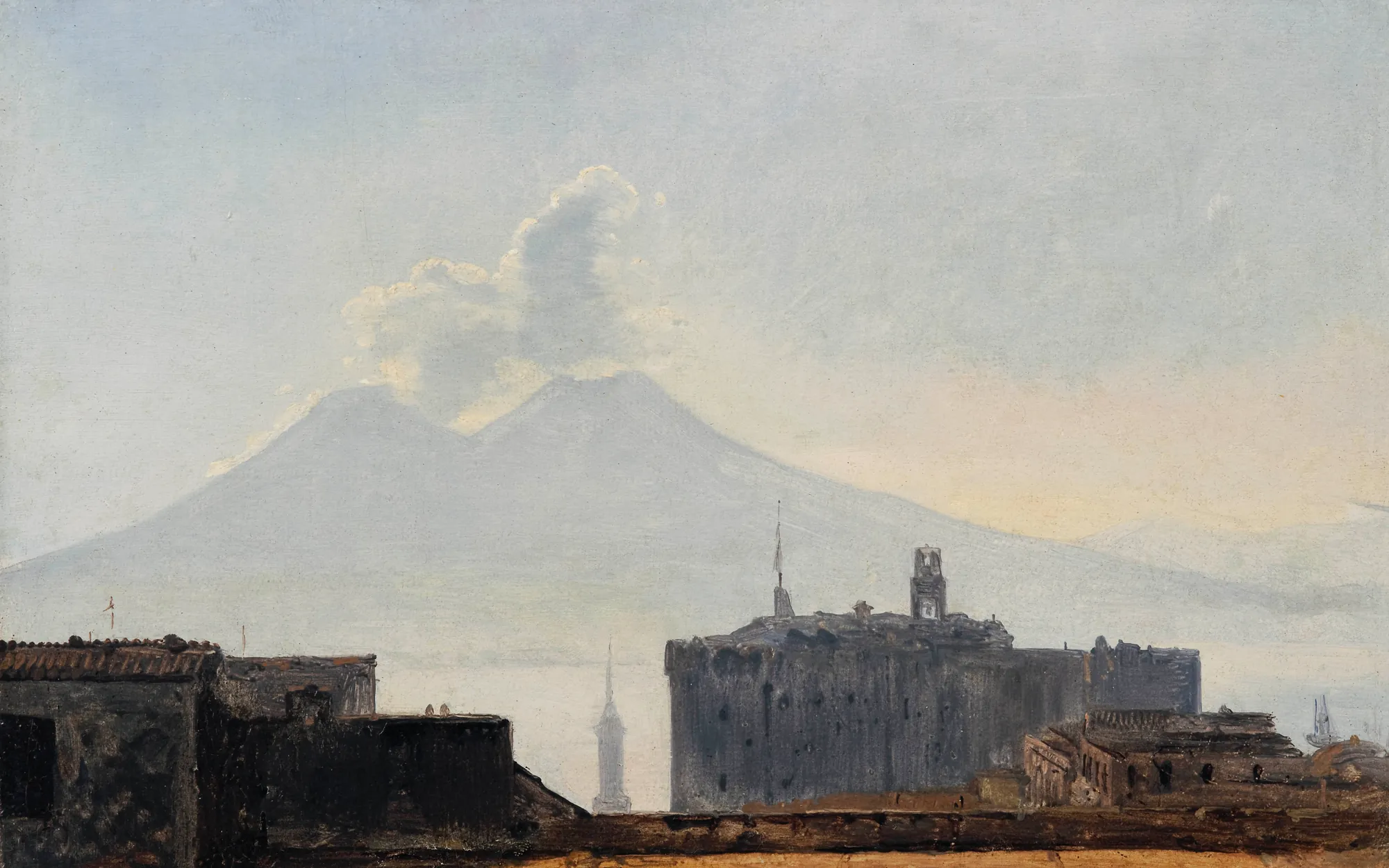 View of Naples with Vesuvius View of Naples with Vesuvius by Léopold Robert. An oil sketch of the Bay of Naples featuring a hazy Mount Vesuvius in the background and silhouetted buildings in the foreground under a pale sky.