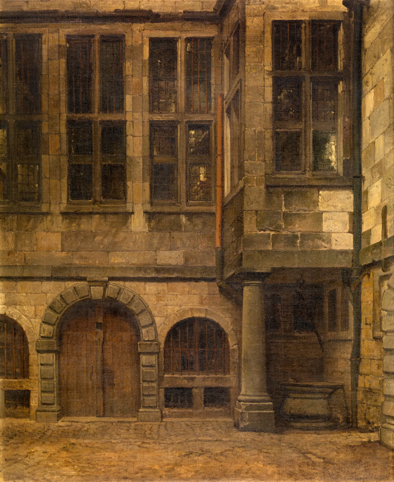 Old Courtyard of Antwerp Town Hall Old Courtyard of Antwerp Town Hall by Hendrik Frans Schaefels. A realistic oil painting of a stone courtyard at the Antwerp Town Hall, featuring arched doorways and tall windows under muted light.