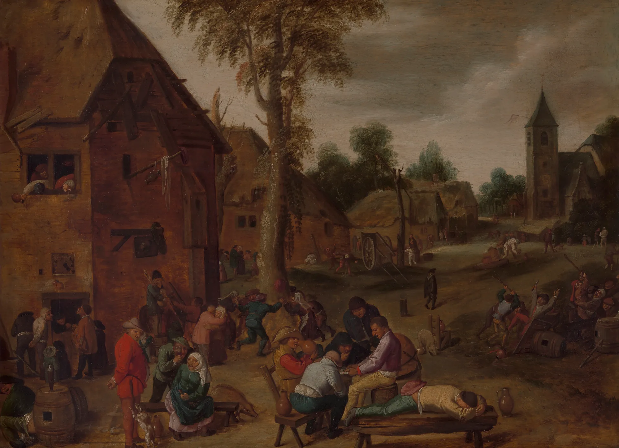 A Village Fair A Village Fair by Adriaen Brouwer. A bustling Flemish village scene filled with peasants drinking, dancing, and brawling outside a tavern and in a town square near a church.