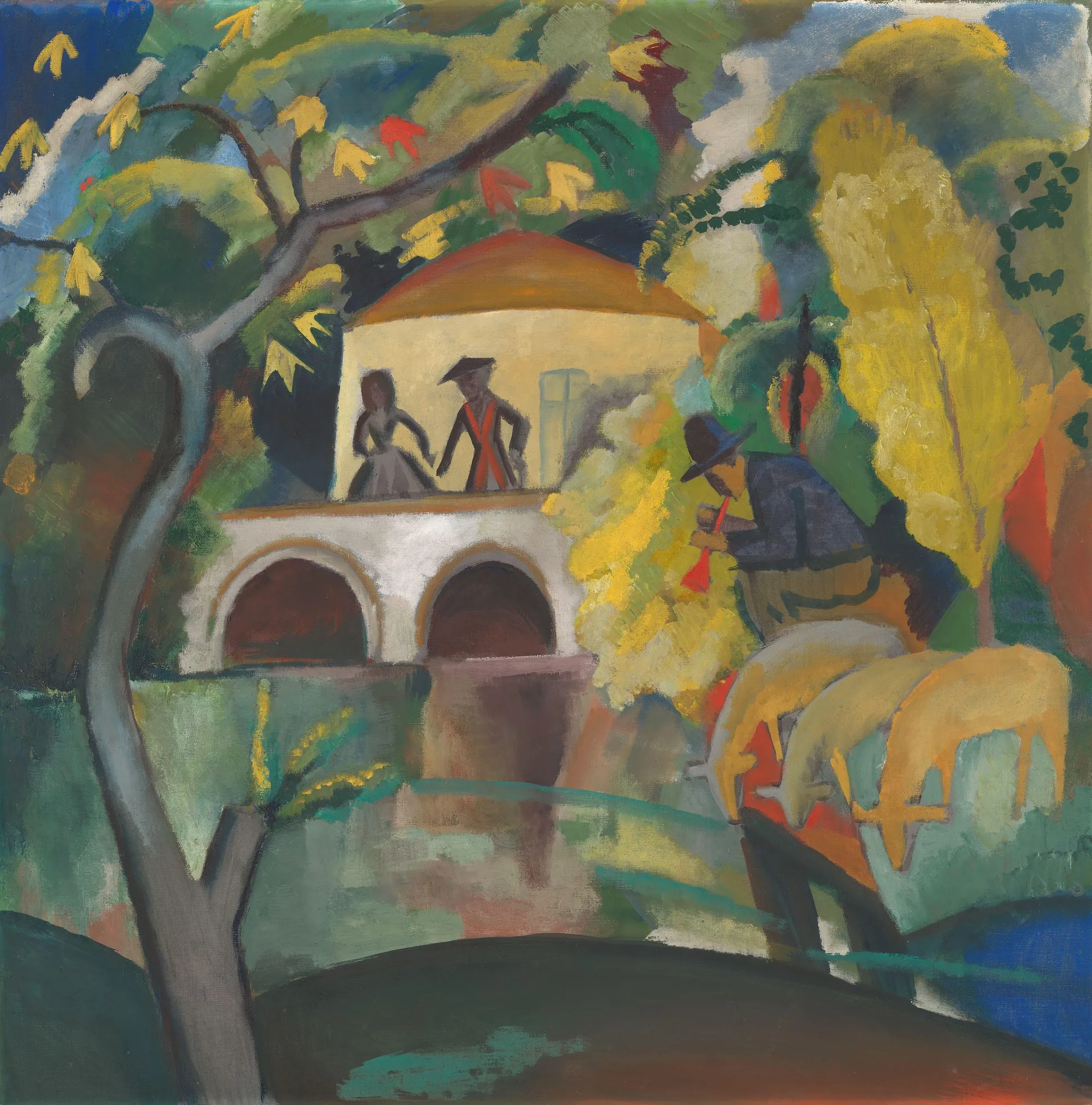 Rokoko Rokoko by August Macke. A vibrant expressionist scene with figures in Rococo-style dress standing before an arched pavilion, while a shepherd plays a pipe for grazing animals.
