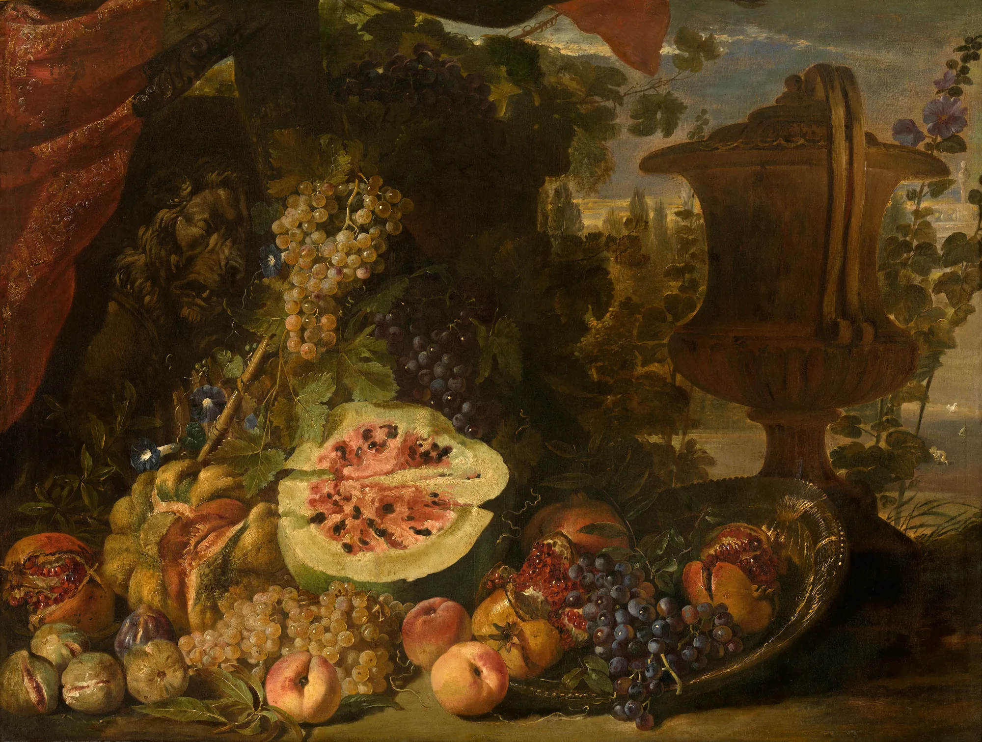 Still Life with Fruit, Garden Vase and Sarcophagus