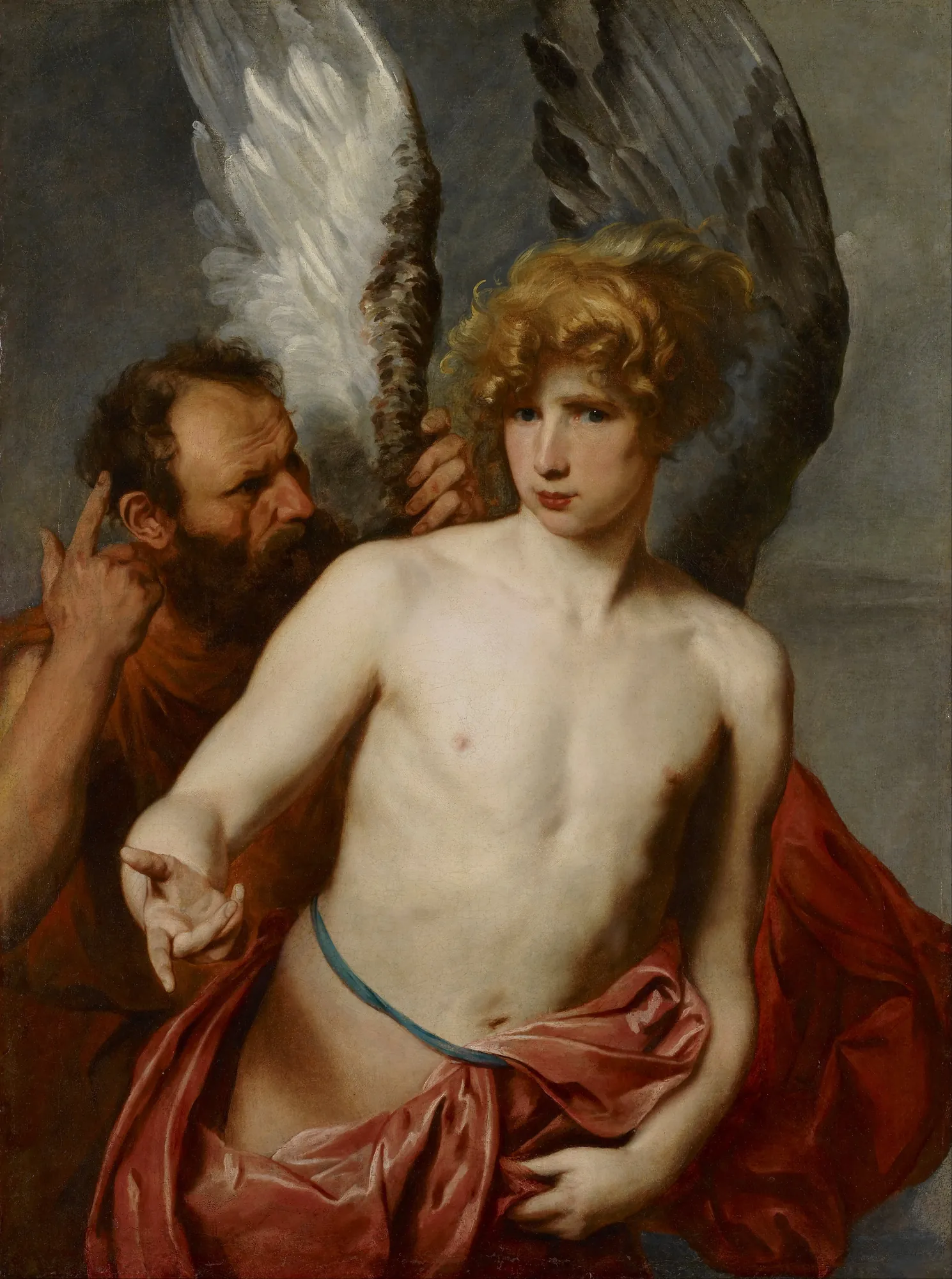 Daedalus and Icarus Daedalus and Icarus by Anthony van Dyck. A young, fair-haired Icarus stands with large wings, looking forward while his bearded father Daedalus gestures from behind.