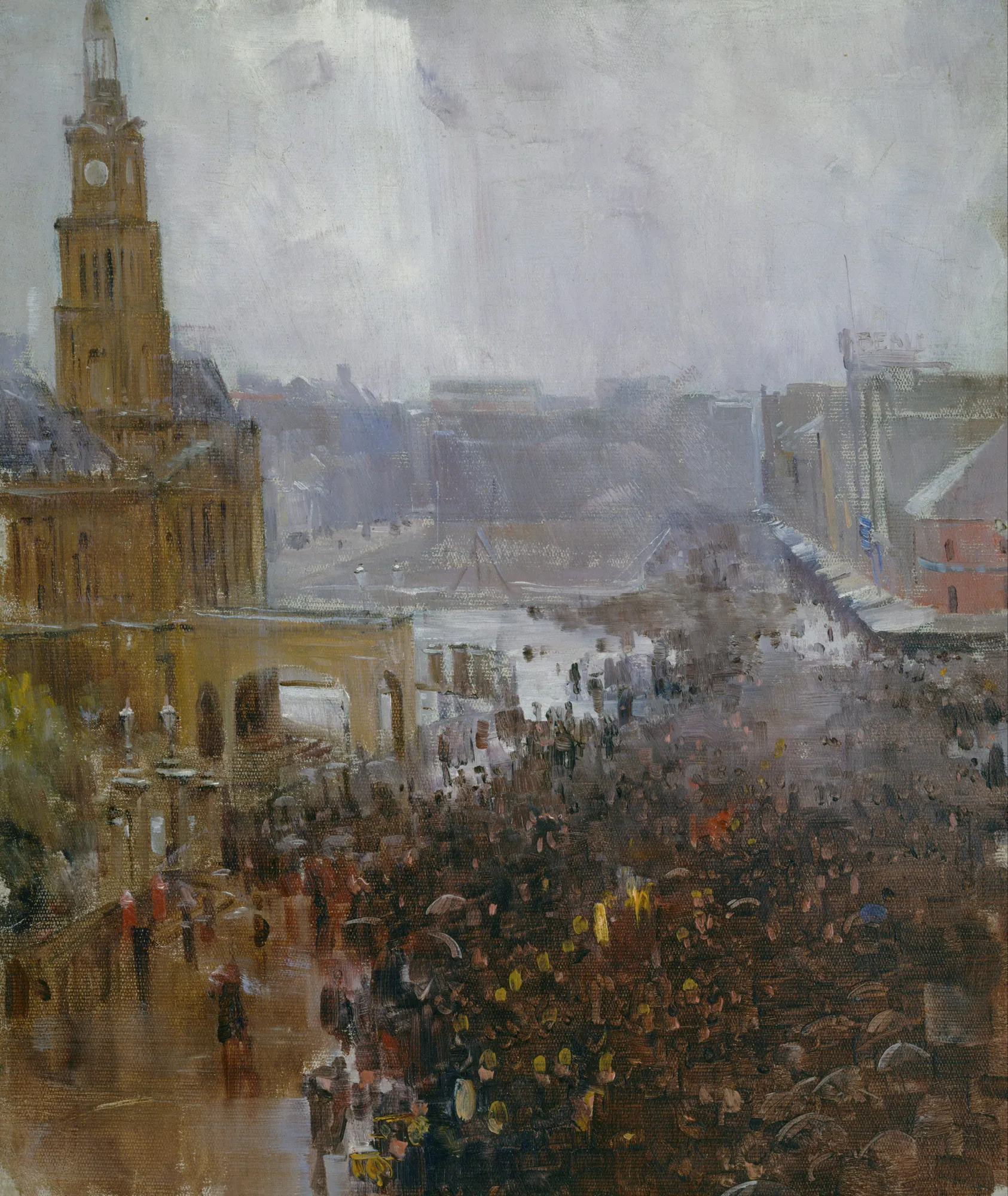 Fireman's Funeral, George Street Fireman's Funeral, George Street by Arthur Streeton. A dense crowd of people in dark clothing gathers on a wet city street beneath the tall clock tower of Sydney Town Hall under a misty, grey sky.