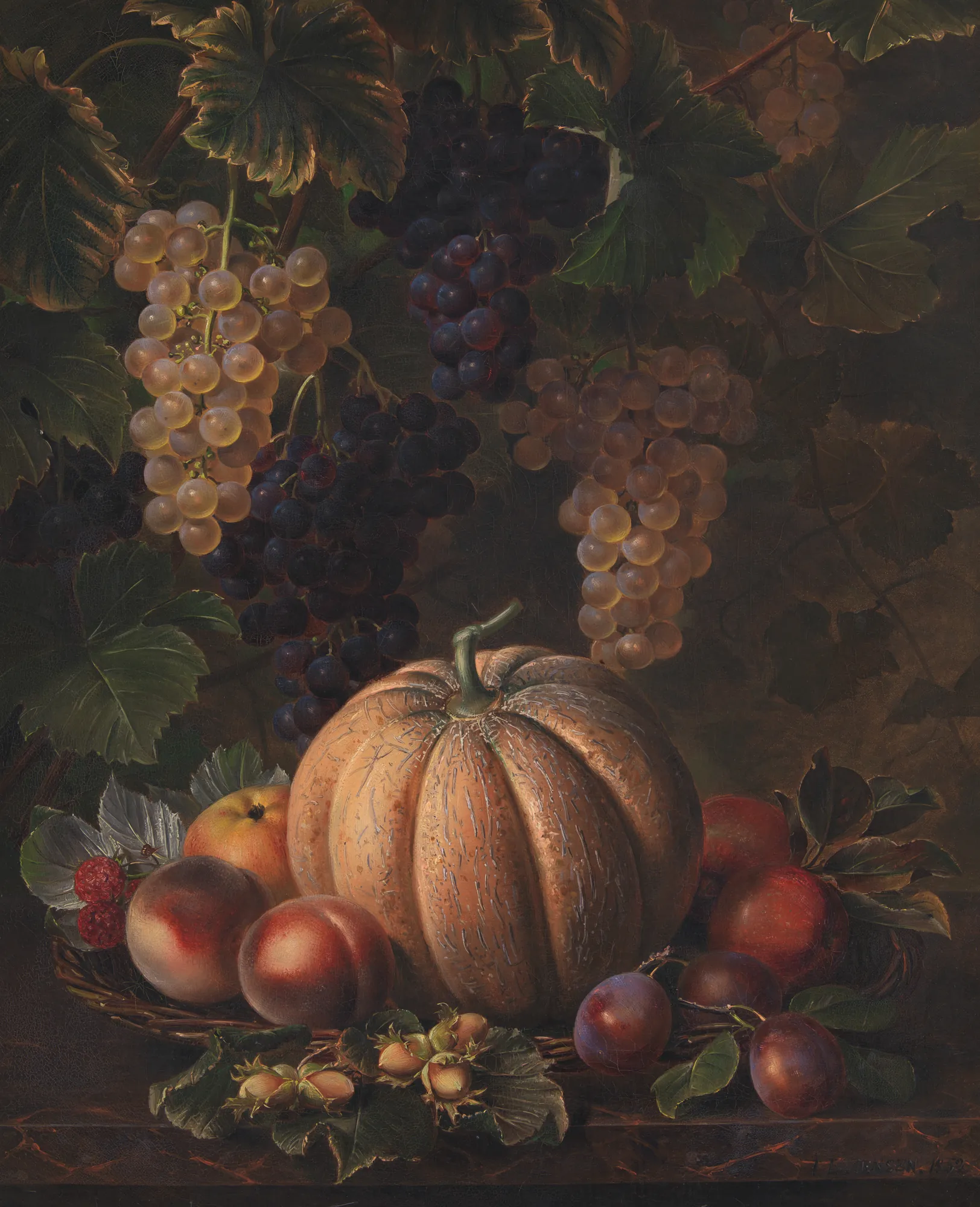 Various Fruits with Melon and Grapes Various Fruits with Melon and Grapes by Johan Laurentz Jensen. A lush, detailed still life of a large cantaloupe melon, clusters of translucent white and dark grapes, peaches, plums, and hazelnuts on a stone ledge.