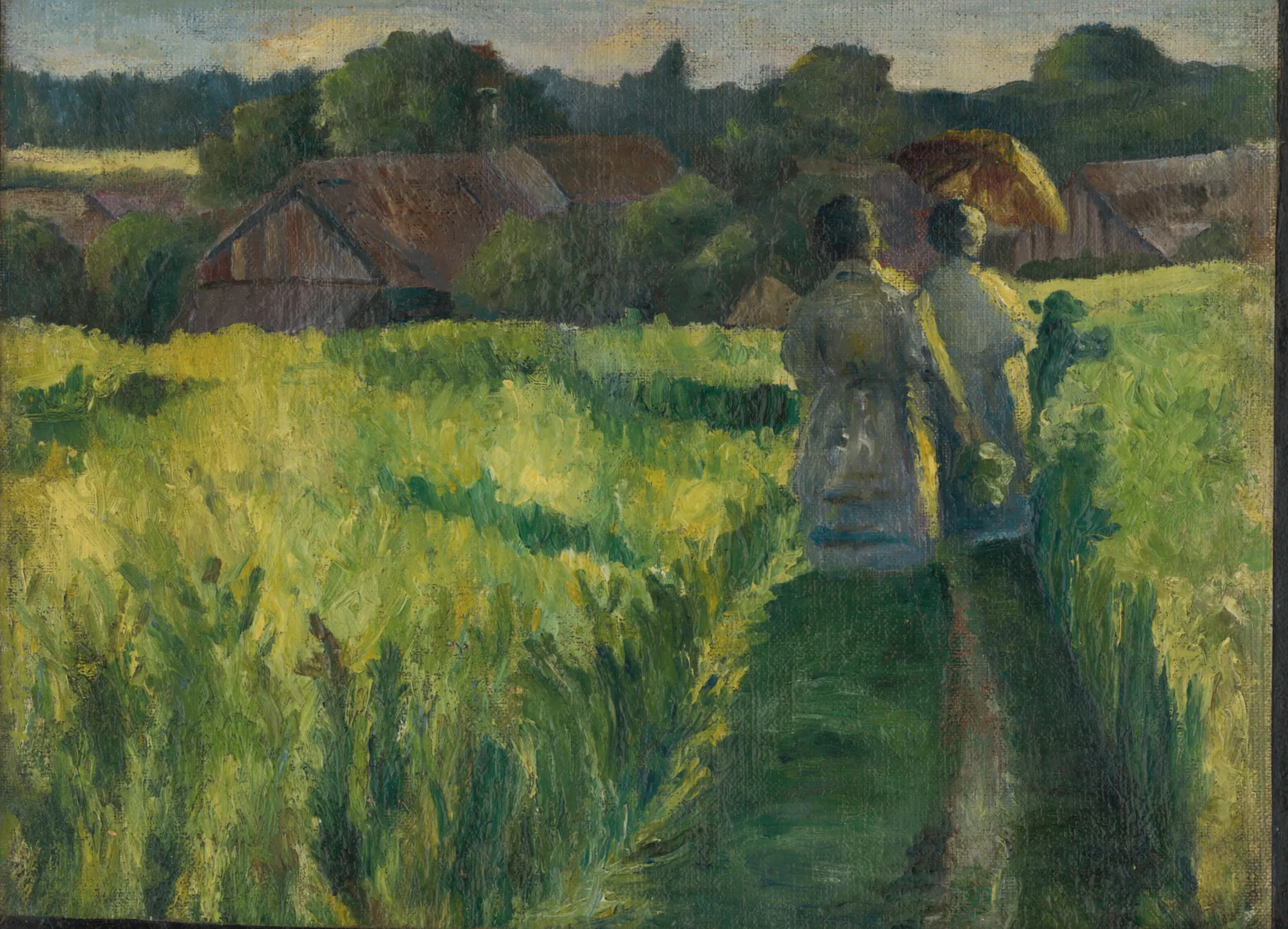 Poľnou cestou Poľnou cestou by Jozef Teodor Mousson. Two figures walk down a narrow path through a sun-drenched yellow-green field toward a small village.