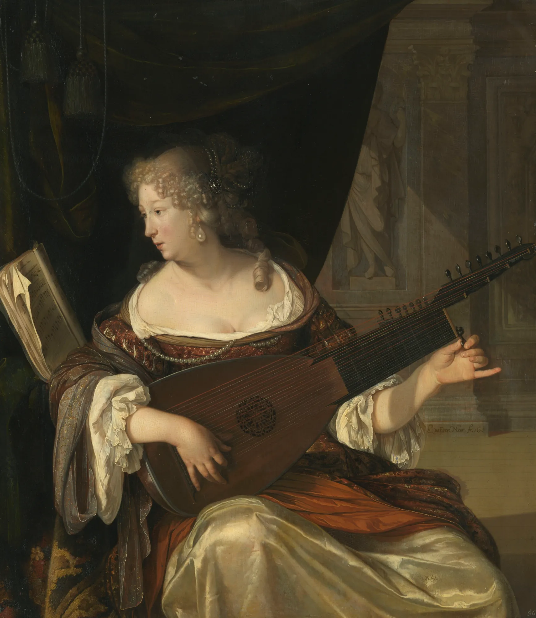 A Lady Tuning a Theorbo