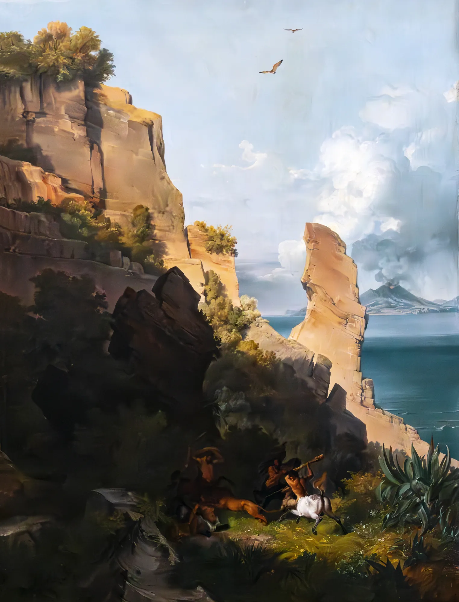 Rocks by the Sea with Centaurs Rocks by the Sea with Centaurs by Lancelot Théodore Turpin de Crissé. A dramatic coastal landscape featuring towering cliffs, centaurs in the rocky foreground, and a smoking volcano in the distance under a bright sky.