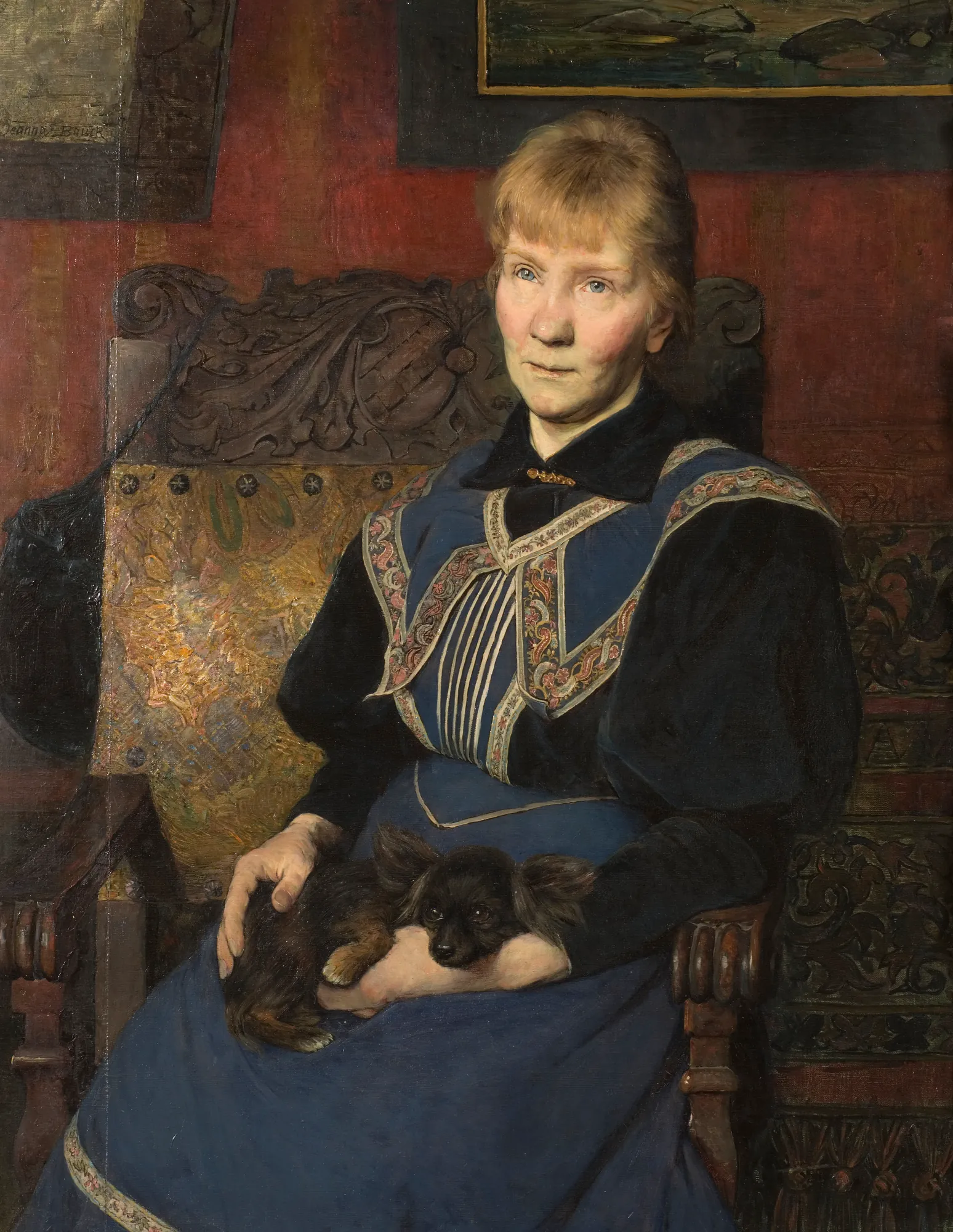 The Painter's Sister The Painter's Sister by Jeanna Bauck. A seated woman in a dark blue patterned dress holds a small black dog in her lap against a deep red background.