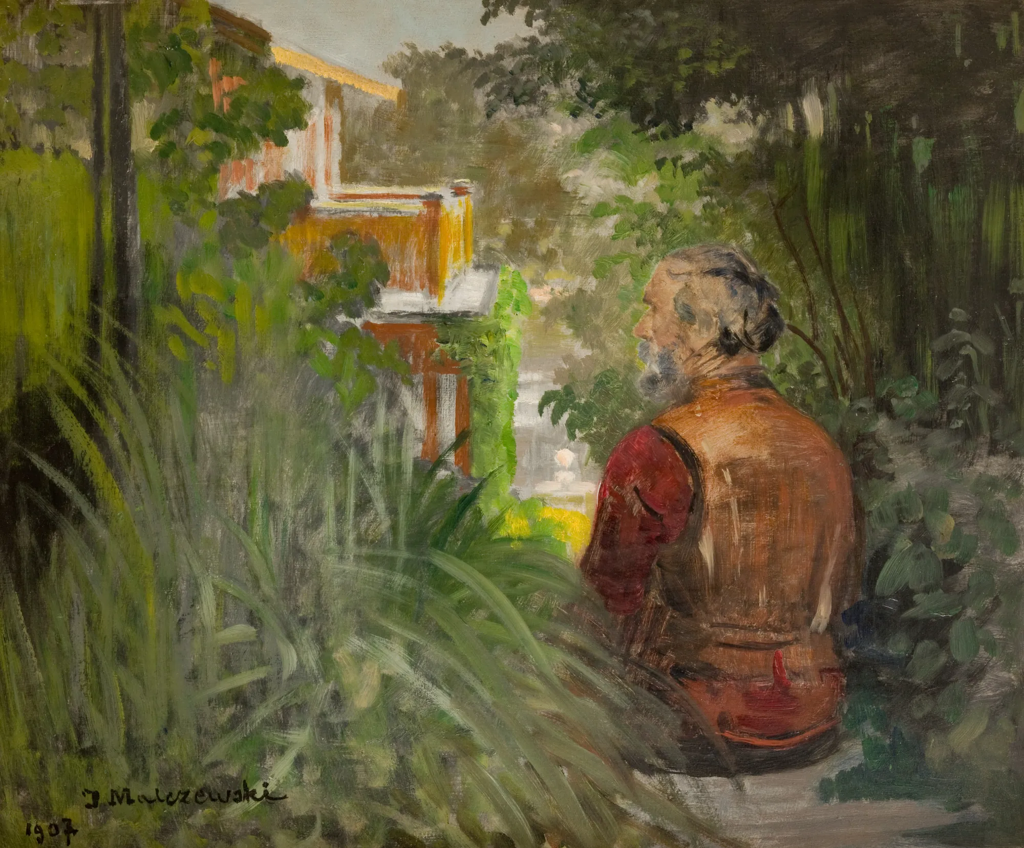 Landscape with a Palace Landscape with a Palace by Jacek Malczewski. An older man with a grey beard, seen from behind, gazes toward a sunlit yellow palace through lush, tall green grasses and foliage.