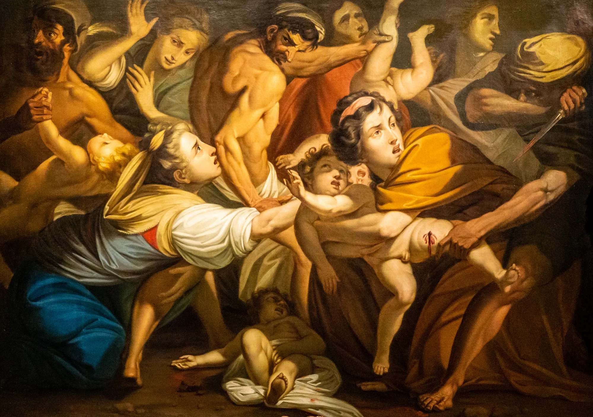 Massacre of the Innocents Massacre of the Innocents by Johann Christoph Rincklake. A chaotic and dramatic 18th-century painting depicting soldiers forcibly seizing infants from their mothers in a dark, theatrical setting.
