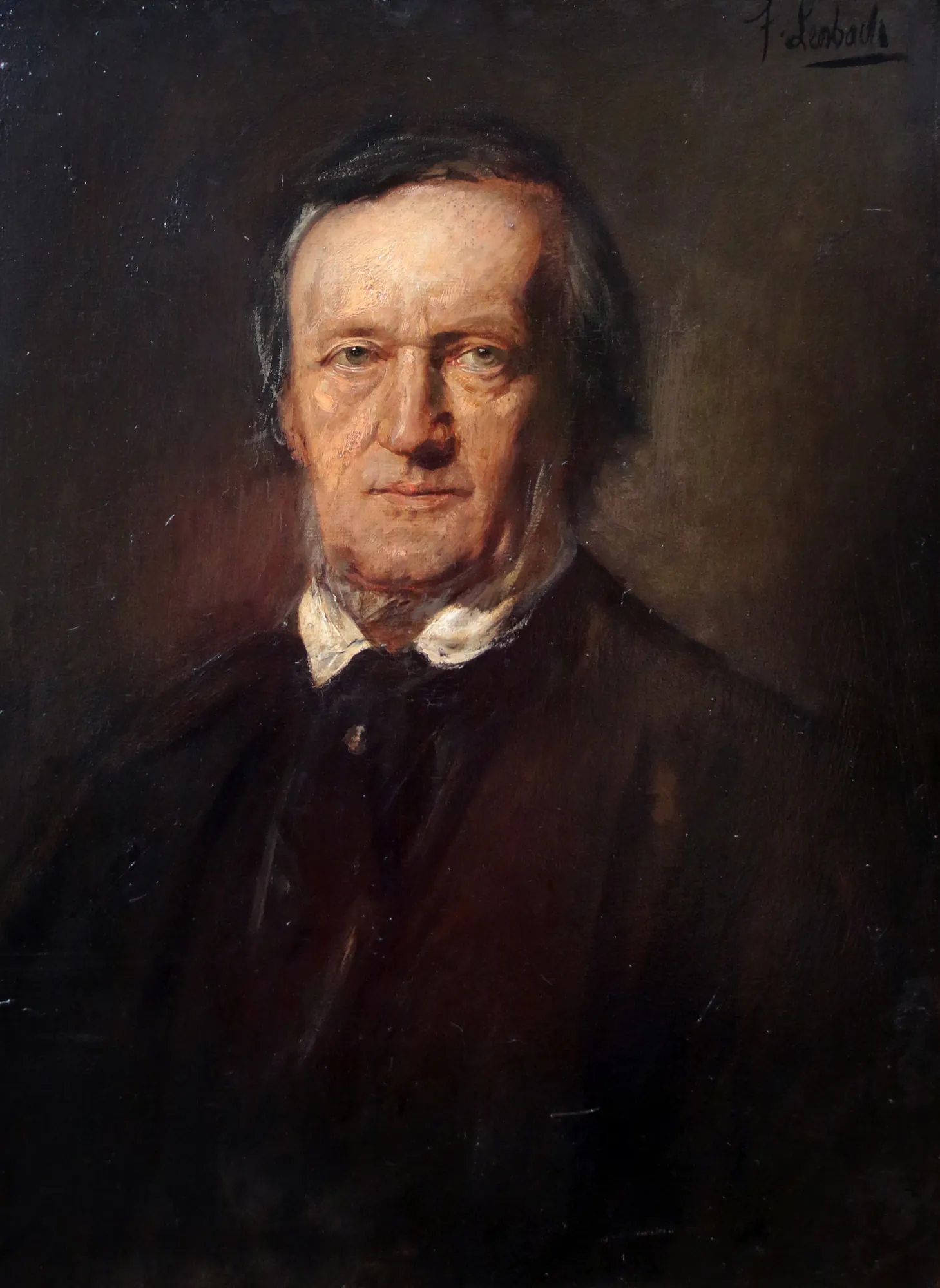 Portrait of Richard Wagner Portrait of Richard Wagner by Franz von Lenbach. A three-quarter portrait of composer Richard Wagner, featuring dramatic lighting on his face against a dark, textured background.