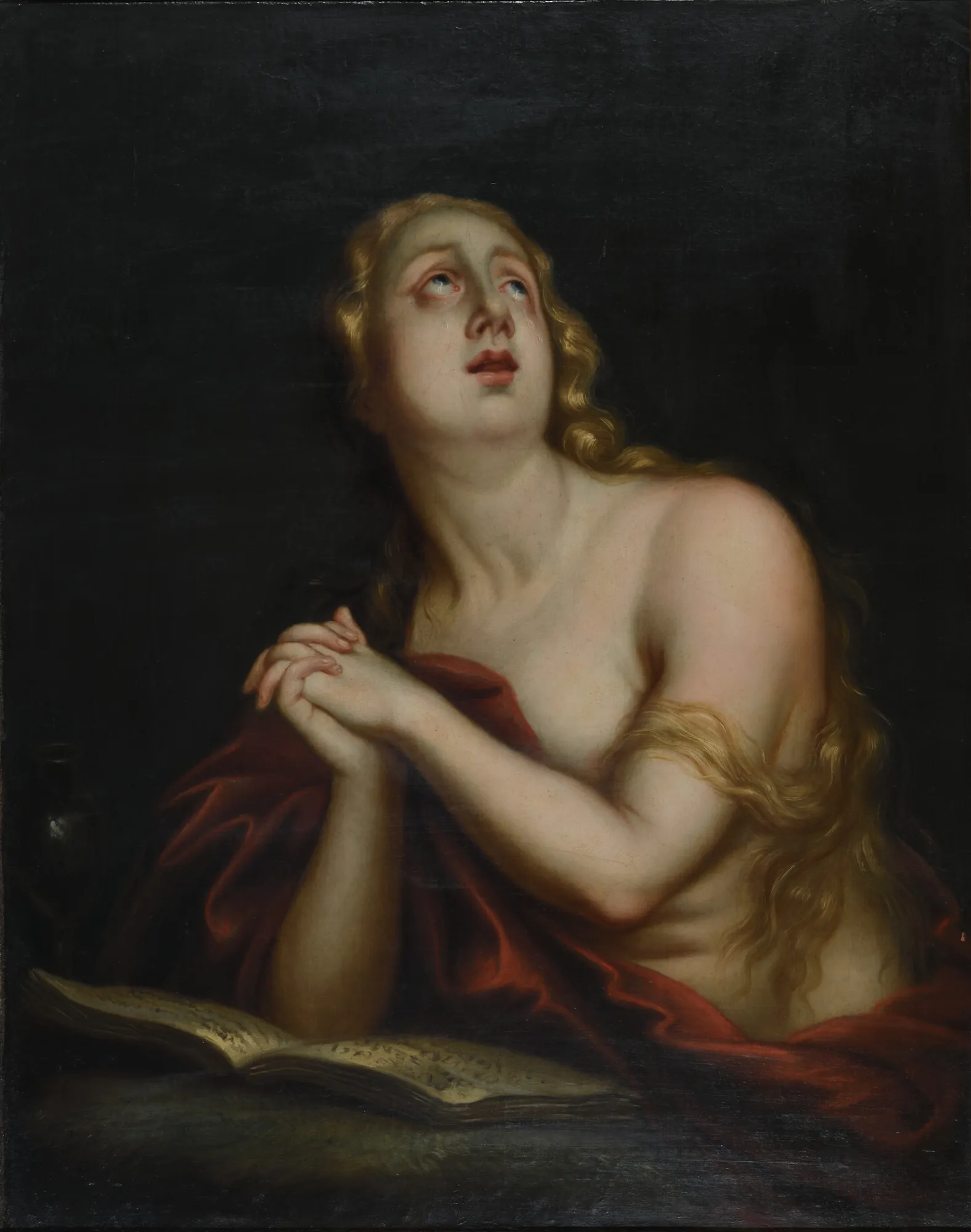 Büßende Maria Magdalena Büßende Maria Magdalena by Unknown Artist. A woman with flowing blonde hair gazes upward with clasped hands, partially draped in red fabric before an open book.