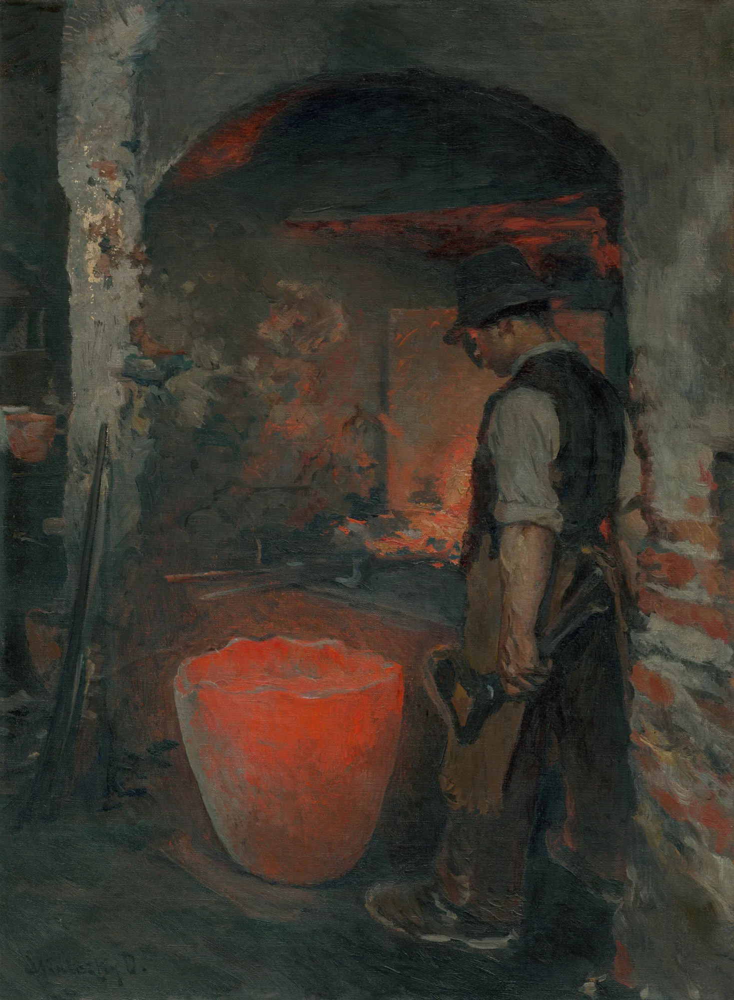 Study of a Standing Forger Study of a Standing Forger by Döme Skuteczky. A blacksmith stands in profile within a dark workshop, his form backlit by the intense orange-red glow of a furnace and a nearby crucible.