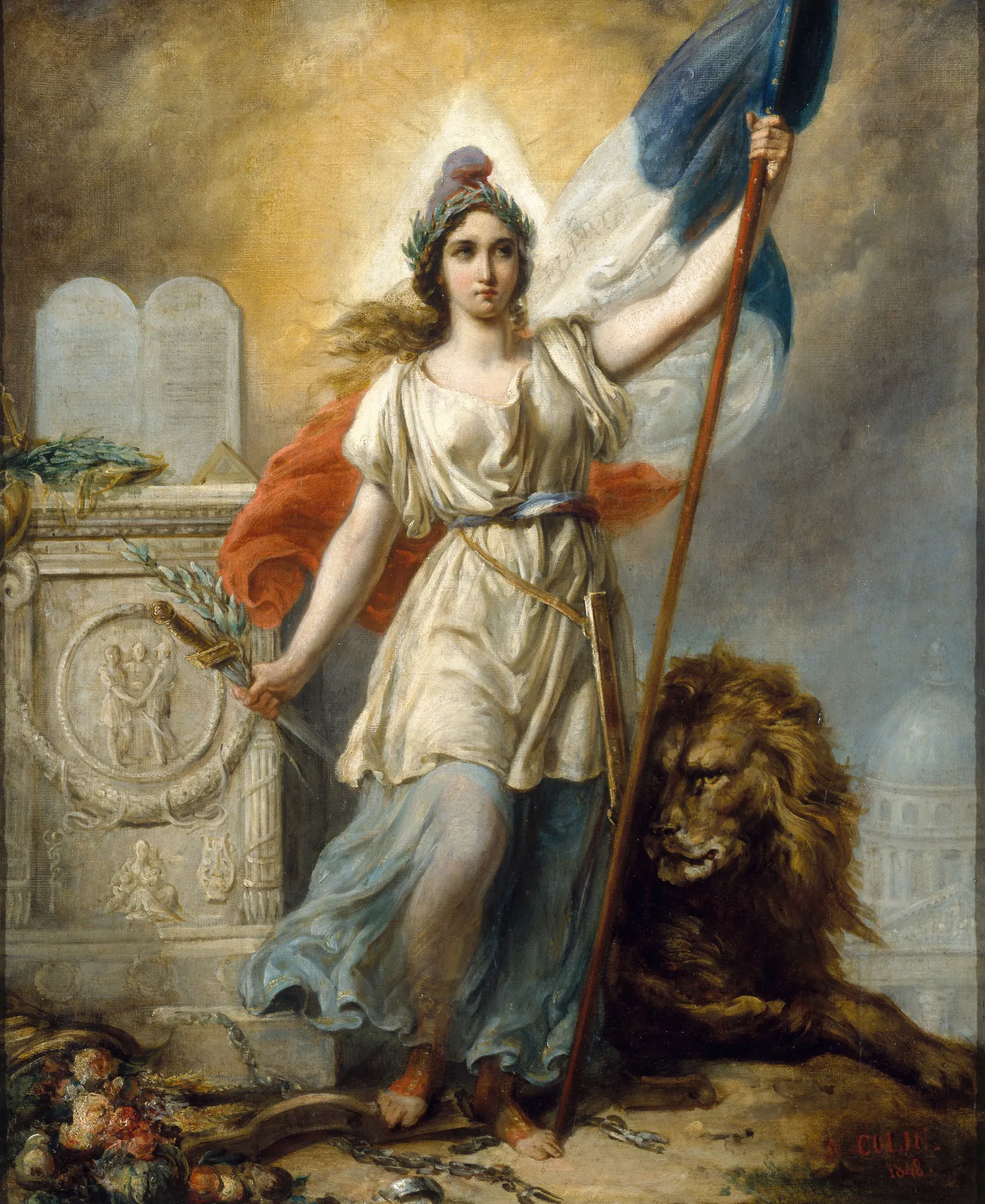La République La République by Alexandre-Marie Colin. An allegorical female figure representing the French Republic stands holding a tricolor flag and a sword, accompanied by a seated lion.
