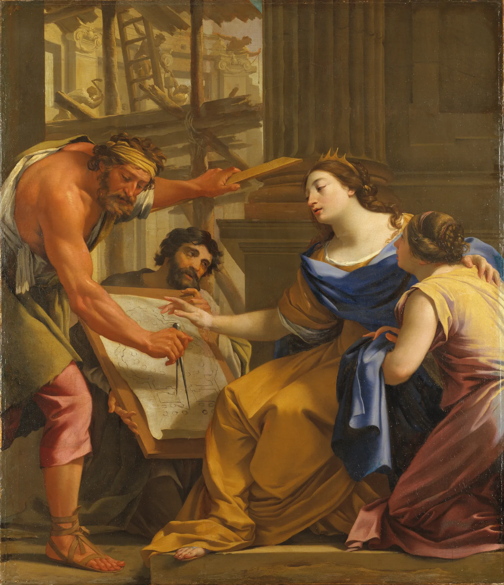Artemisia Building the Mausolaeum Artemisia Building the Mausolaeum by Simon Vouet. A seated woman in golden and blue robes gestures toward an architectural plan held by a man with a compass, while construction continues in the background.
