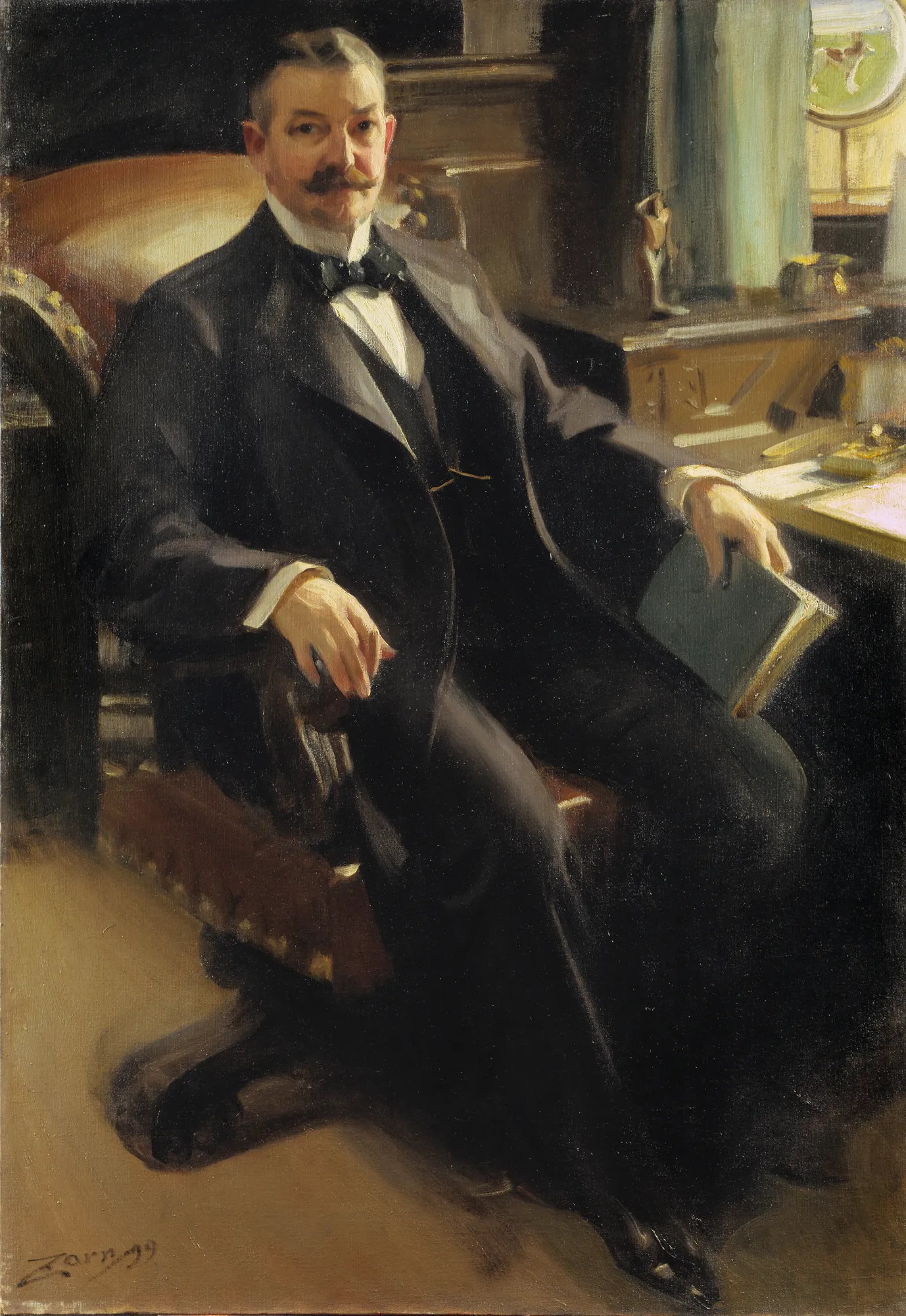 Henry Clay Pierce Henry Clay Pierce by Anders Zorn. An oil portrait of a seated man with a moustache wearing a dark formal suit and holding a book in a library setting.