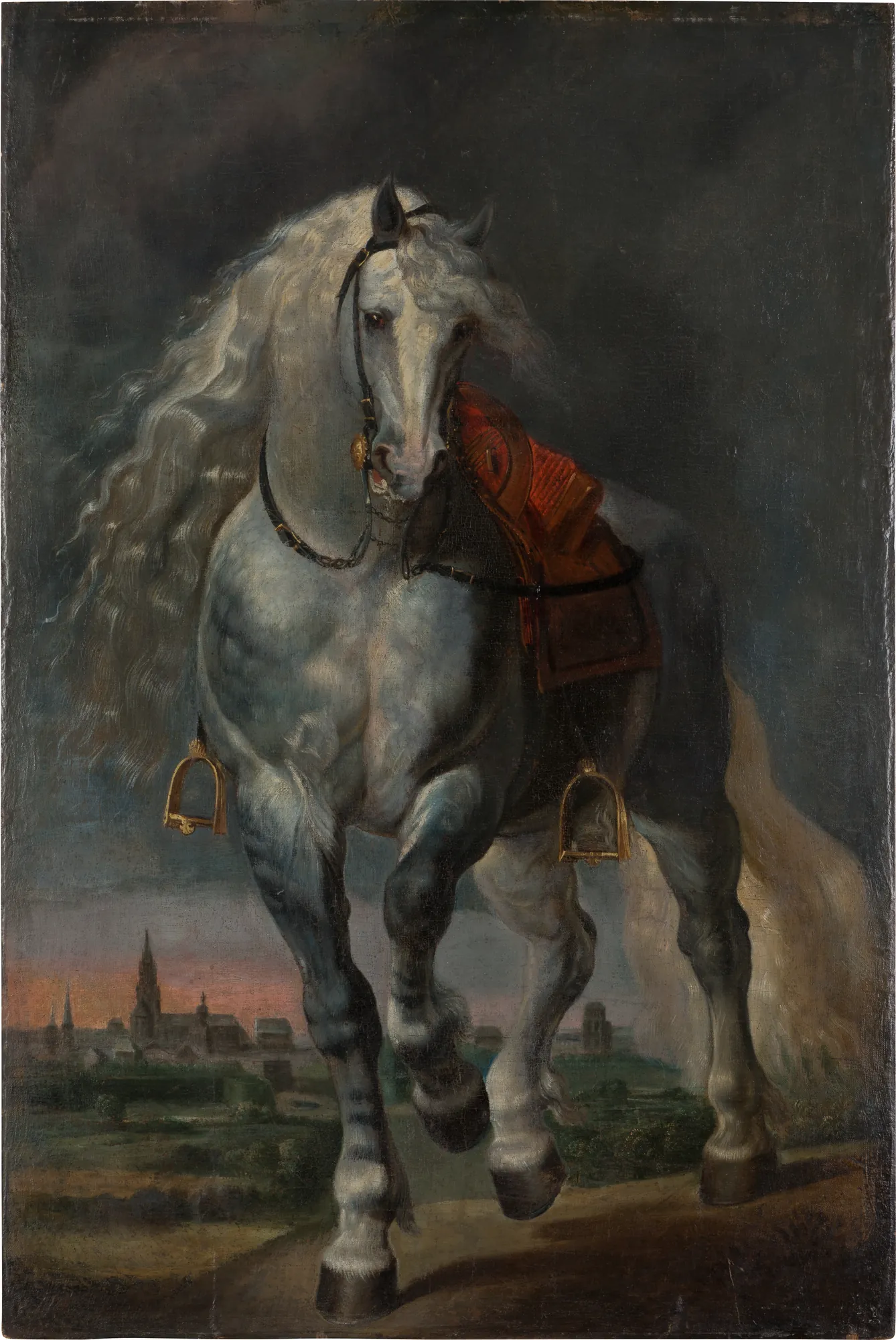 White Horse Trotting over a Flat Landscape