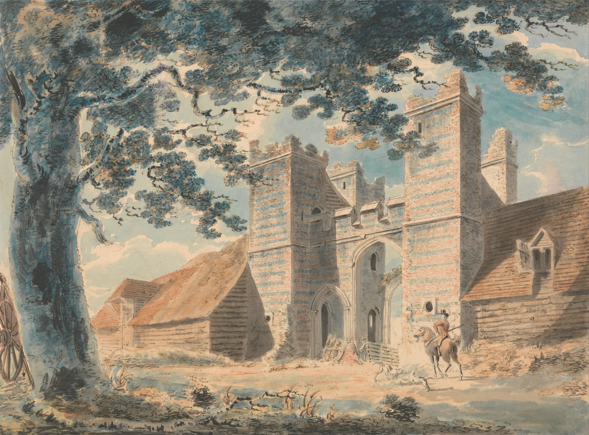 Dent de Lion, Margate Dent de Lion, Margate by J. M. W. Turner. A watercolor painting showing a medieval stone gatehouse with two towers flanked by timber-framed structures and a large tree.