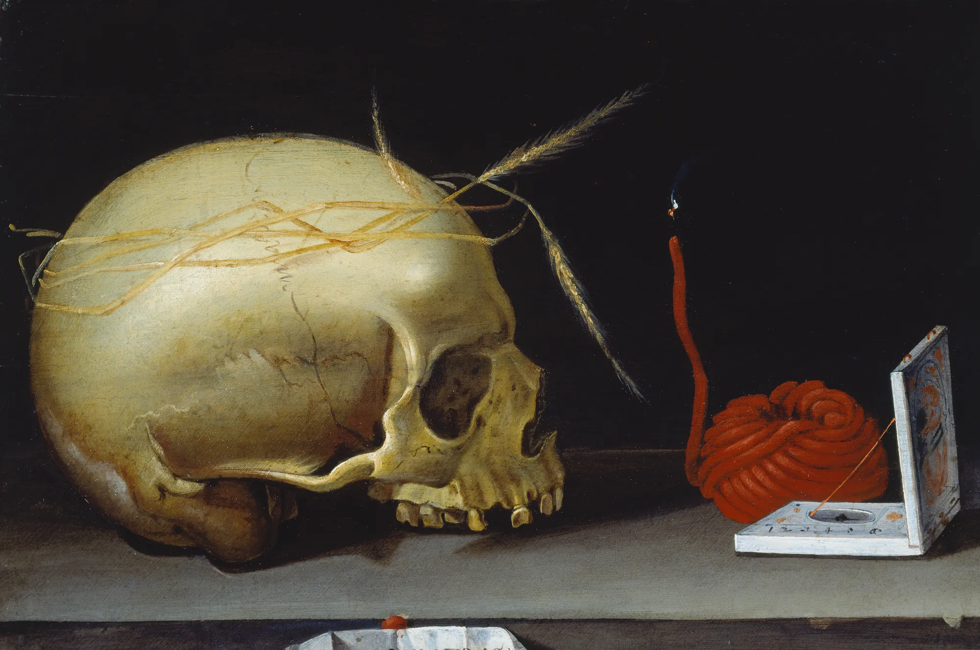 Vanitas Still Life with Skull, Wax Taper and Portable Sundial