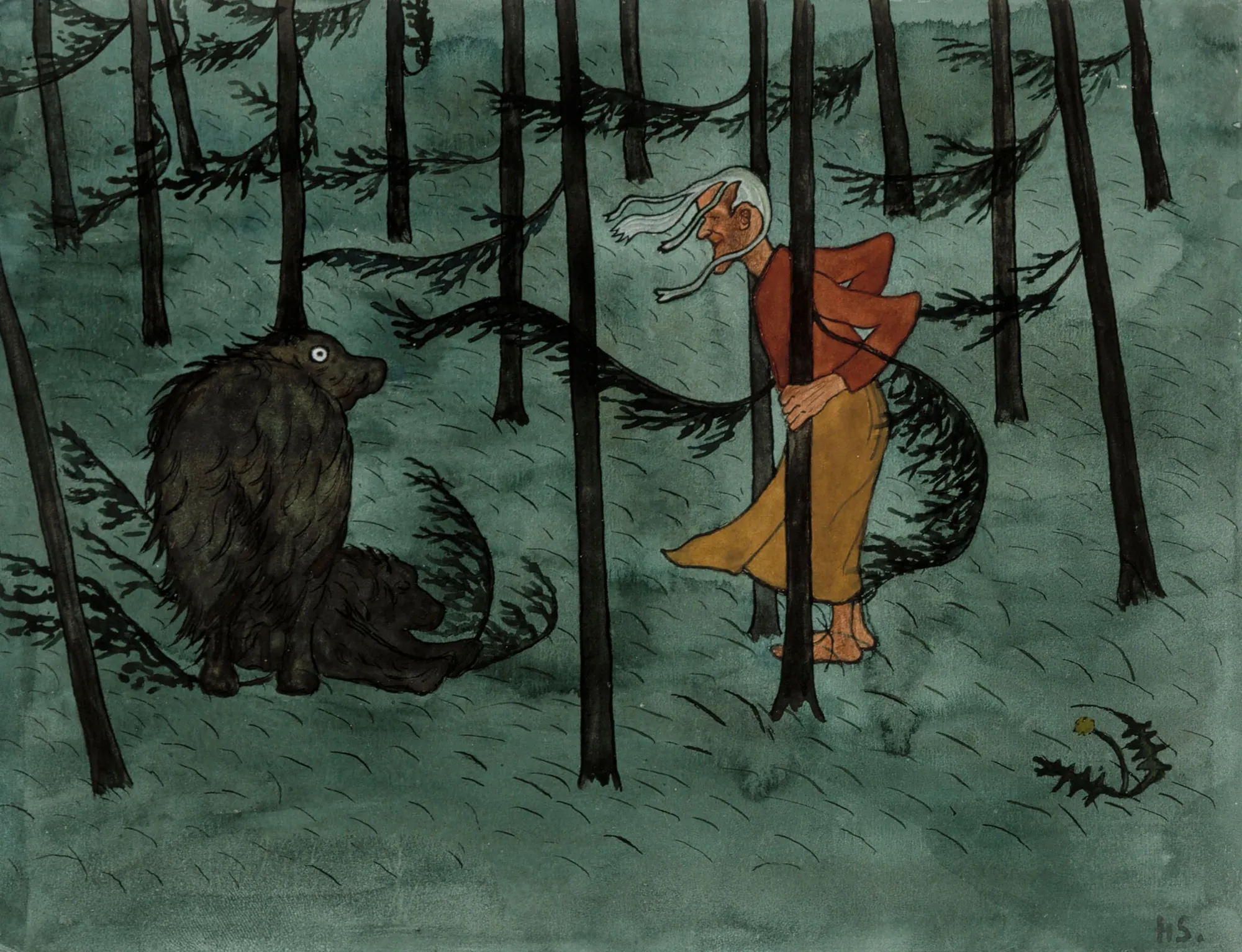 Fear in the Woods Fear in the Woods by Hugo Simberg. An elderly figure with long white hair hides behind a thin pine tree, observing a large shaggy creature in a dark, stylized forest.