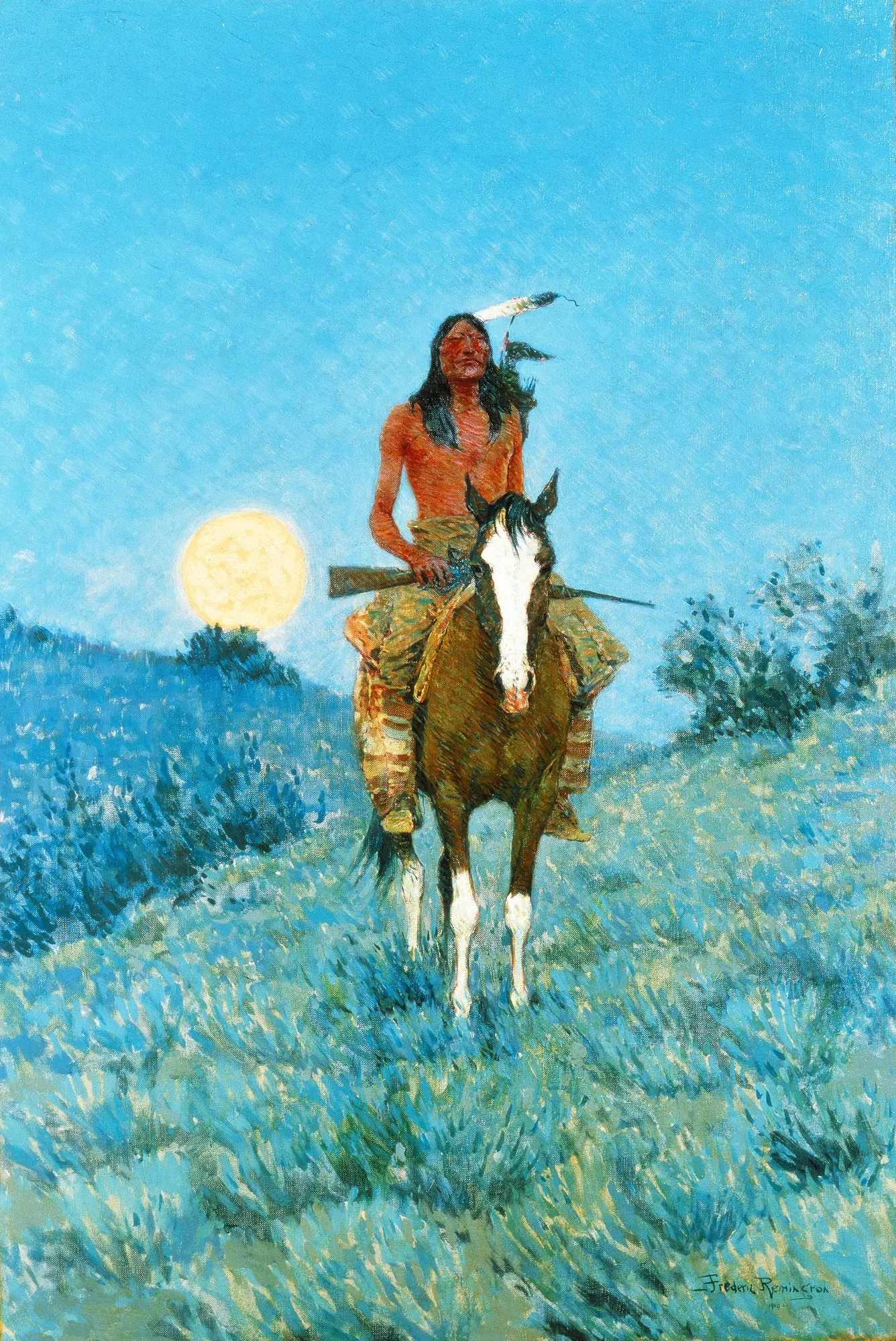 The Outlier The Outlier by Frederic Remington. A Native American warrior sits atop a brown and white horse on a grassy ridge, silhouetted against a brilliant blue sky and a low, glowing full moon.