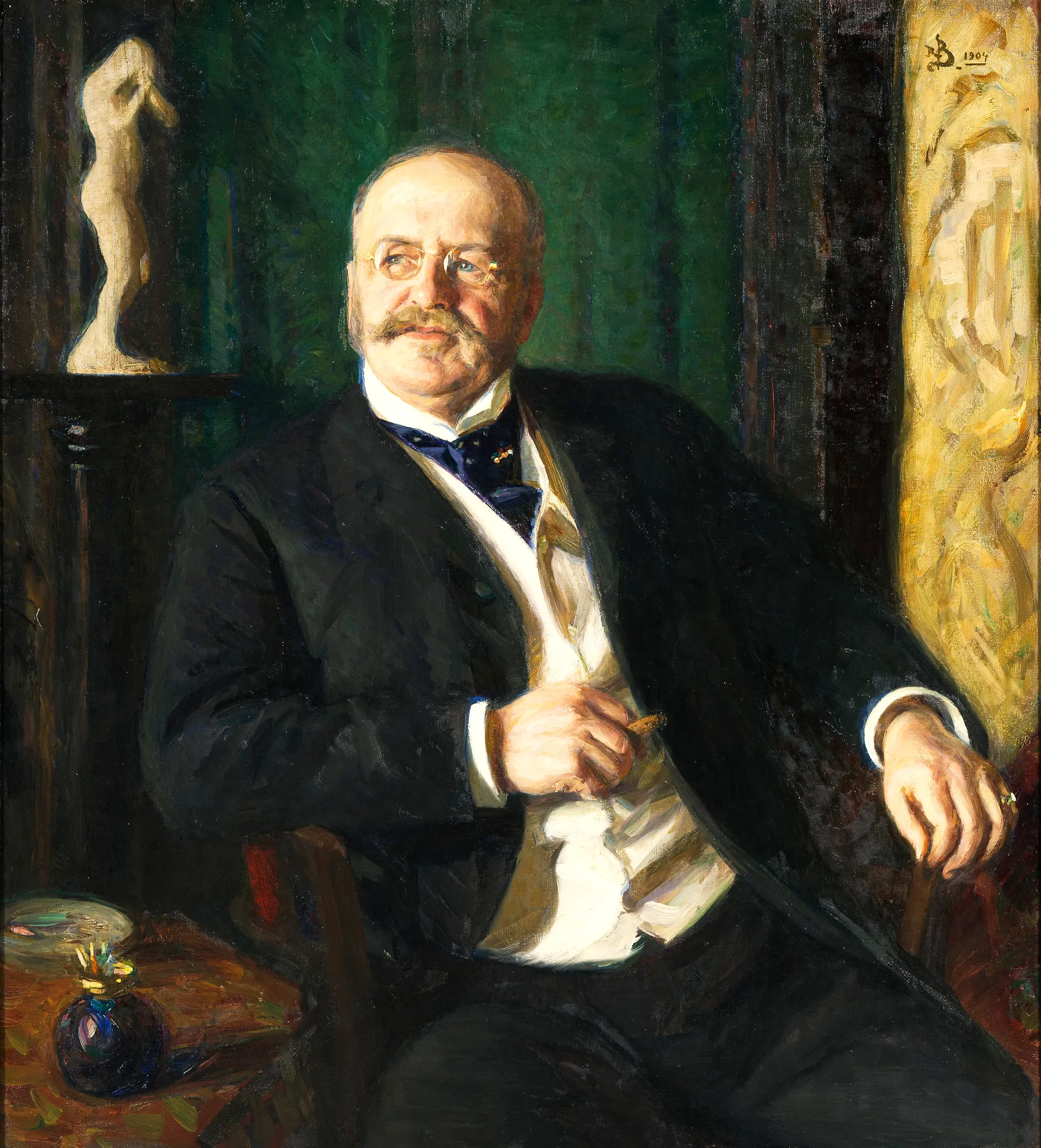 Julius Caspar, Merchant Julius Caspar, Merchant by Richard Bergh. A formal oil portrait of a seated man with a mustache and spectacles, wearing a dark suit and light vest against a dark green textured wall.