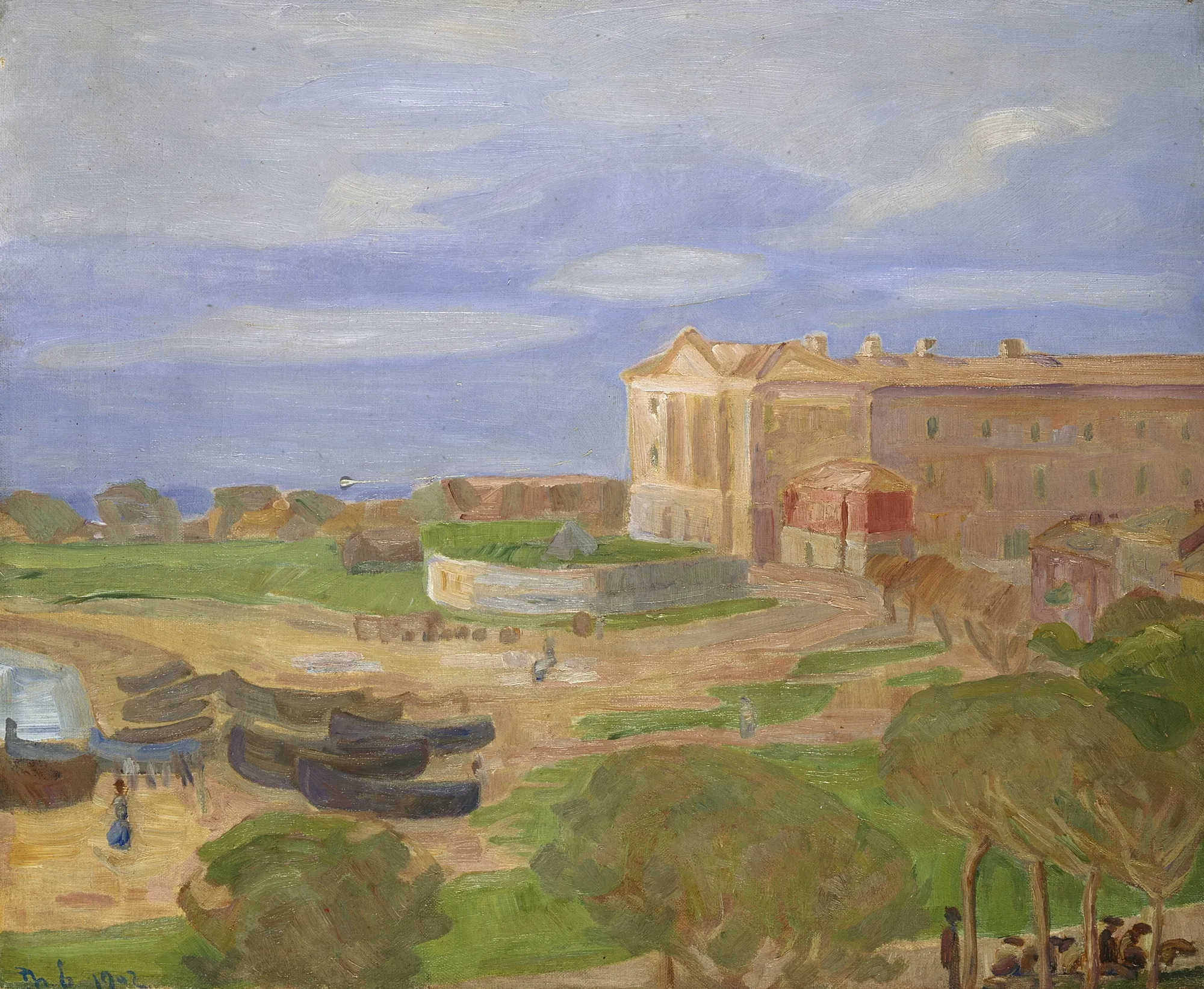 Kasernen i Terracina Kasernen i Terracina by Thorvald Erichsen. An impressionistic oil landscape featuring a large sunlit building overlooking a coastal shore with fishing boats and Mediterranean trees.