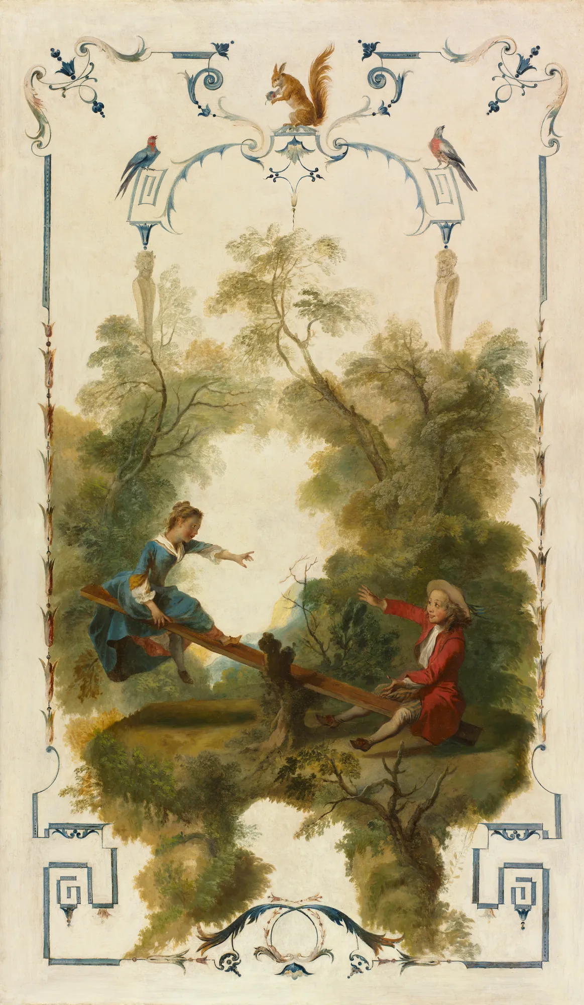 The See-Saw The See-Saw by Nicolas Lancret. A young man and woman play on a wooden see-saw in a lush forest, framed by an elegant blue and white Rococo arabesque border featuring a squirrel and birds.