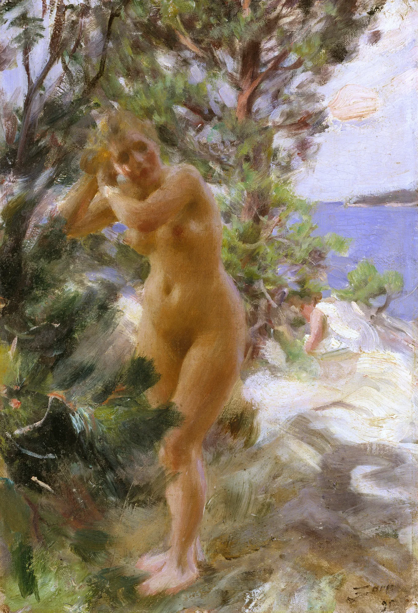After the Bath After the Bath by Anders Zorn. A full-length oil painting of a nude woman standing among pine trees near the coast, rendered with loose, light-filled brushstrokes.